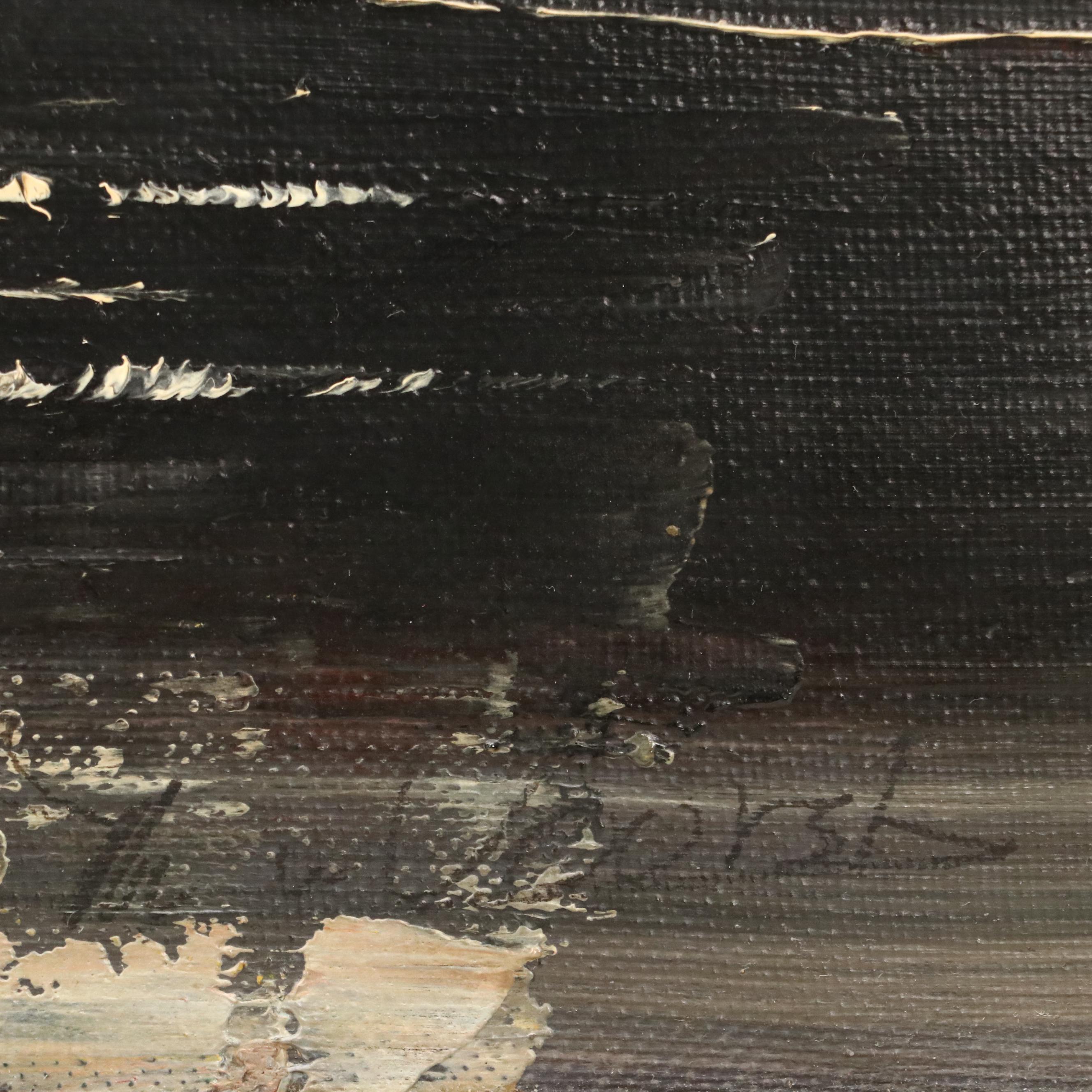 Impressionistic Oil Painting of Snowy Cityscape, 20th Century