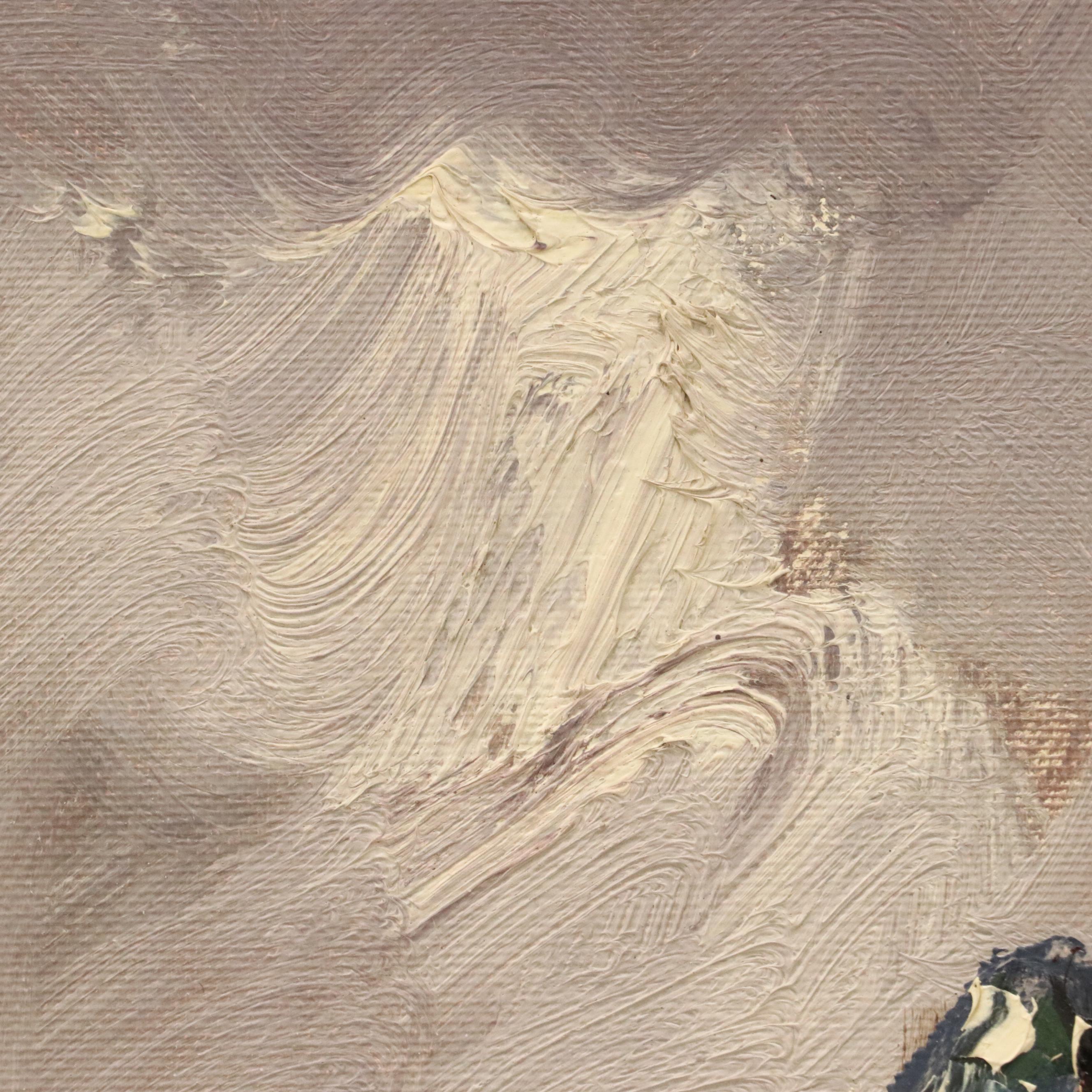 Impressionistic Oil Painting of Snowy Cityscape, 20th Century