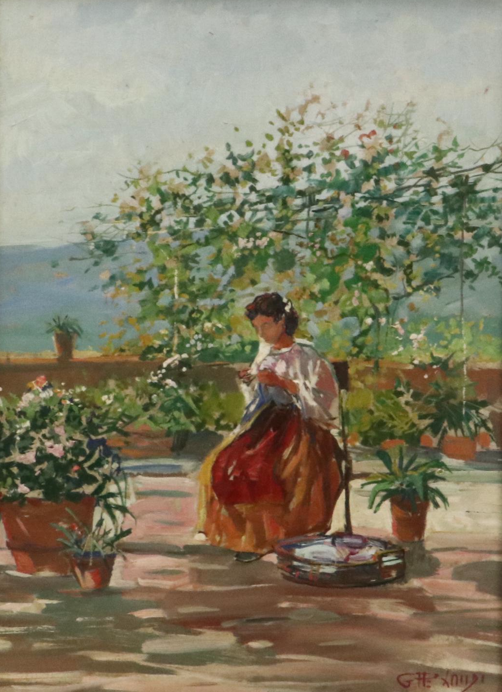 Giuseppe Landi Oil Painting "La Risuolatrice" (The Resoler), 1983