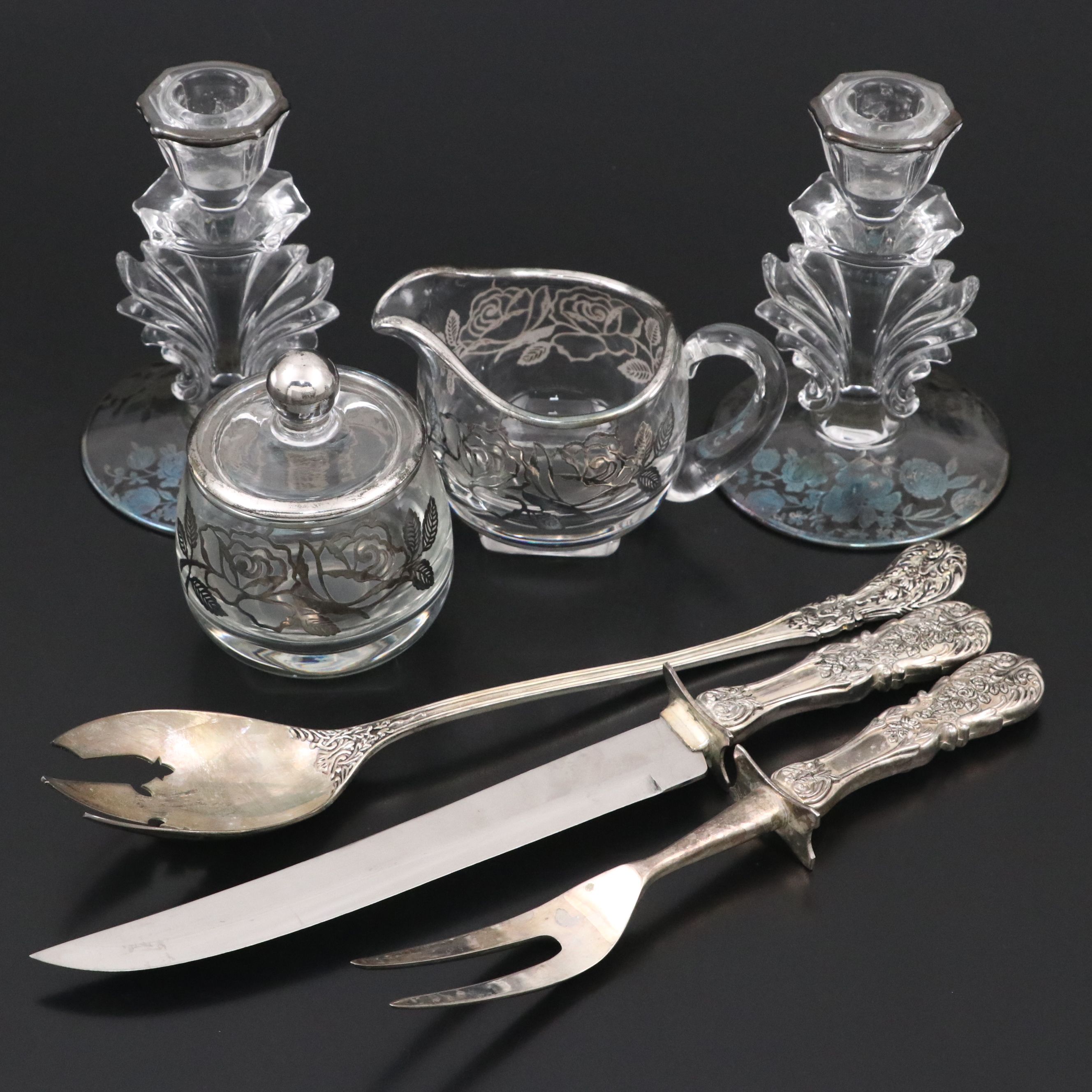 Art Deco Style Glass with Silver Overlay Table Accessories with Serving Utentils