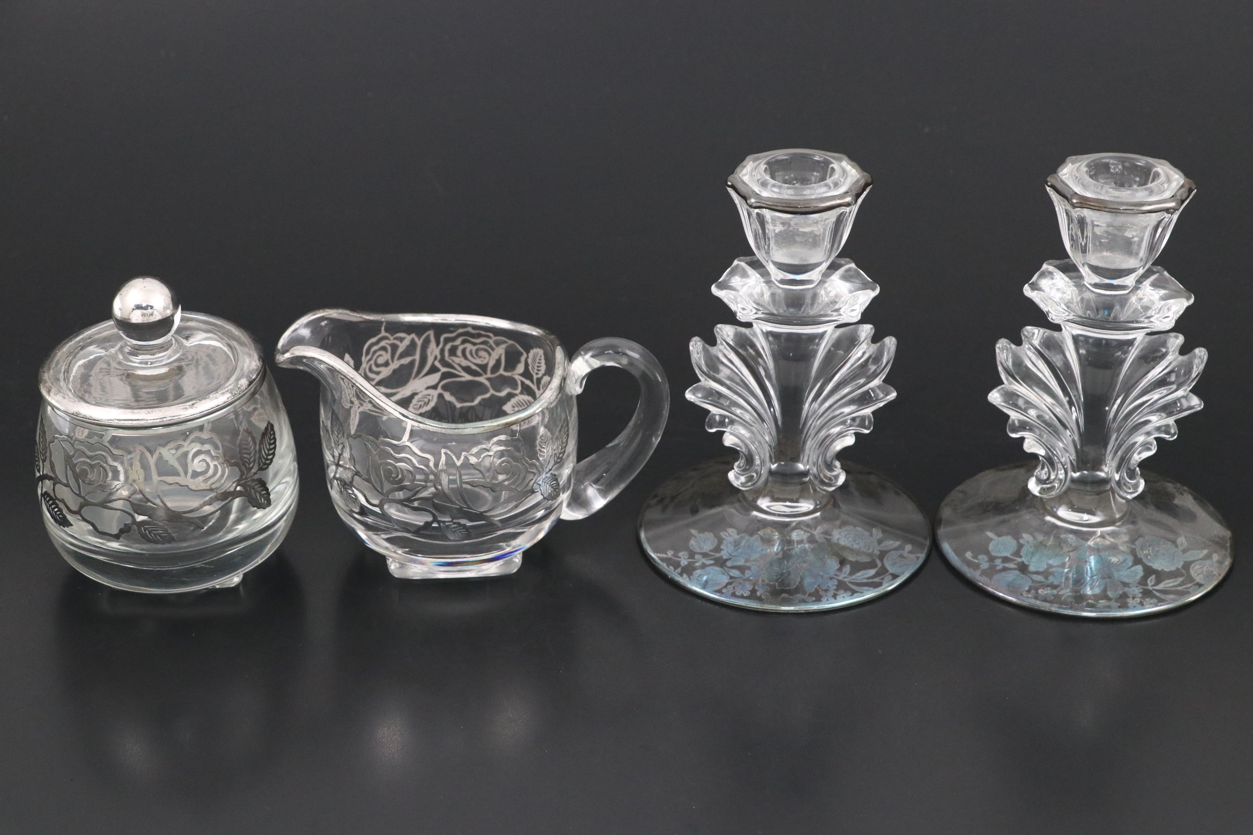 Art Deco Style Glass with Silver Overlay Table Accessories with Serving Utentils