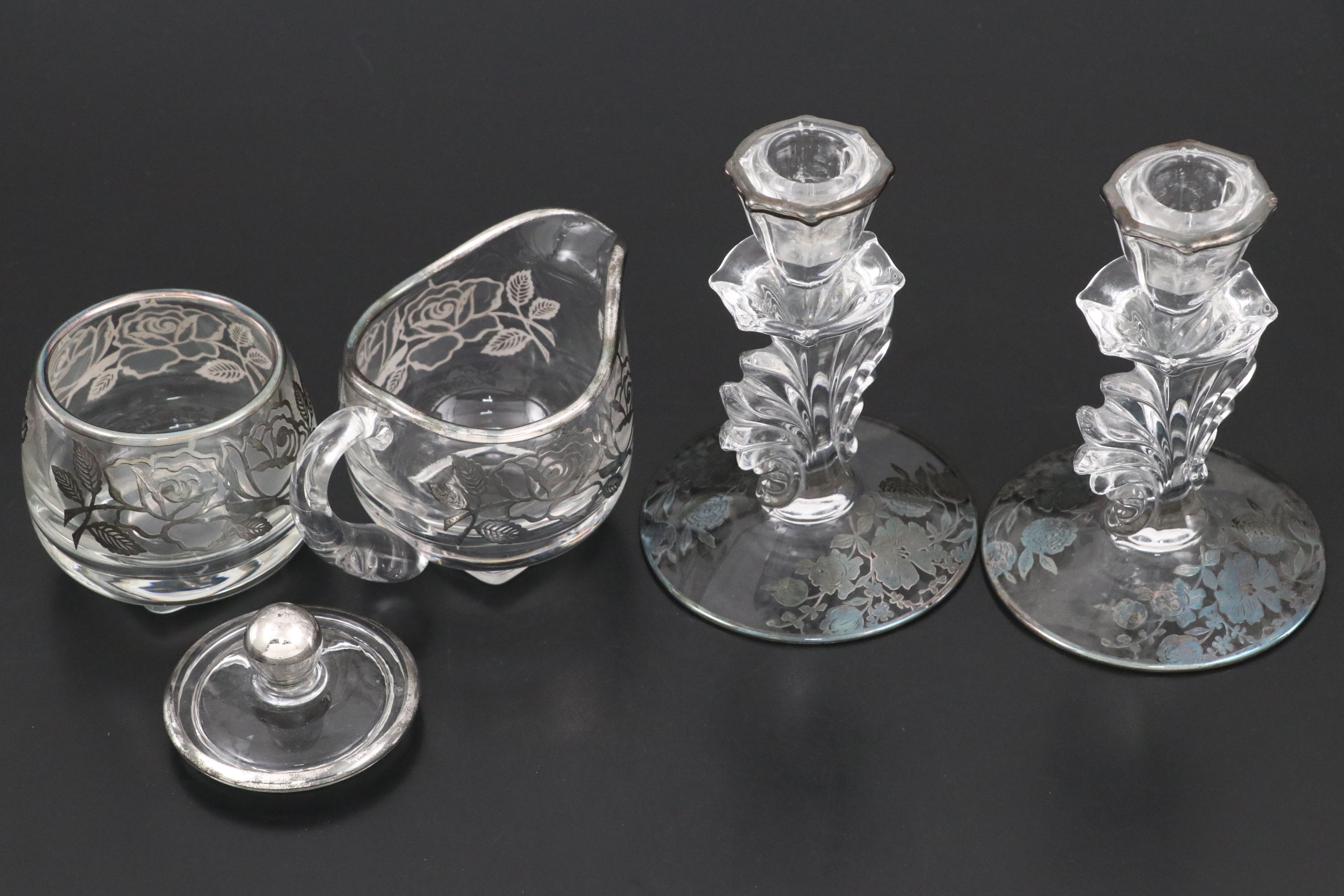 Art Deco Style Glass with Silver Overlay Table Accessories with Serving Utentils