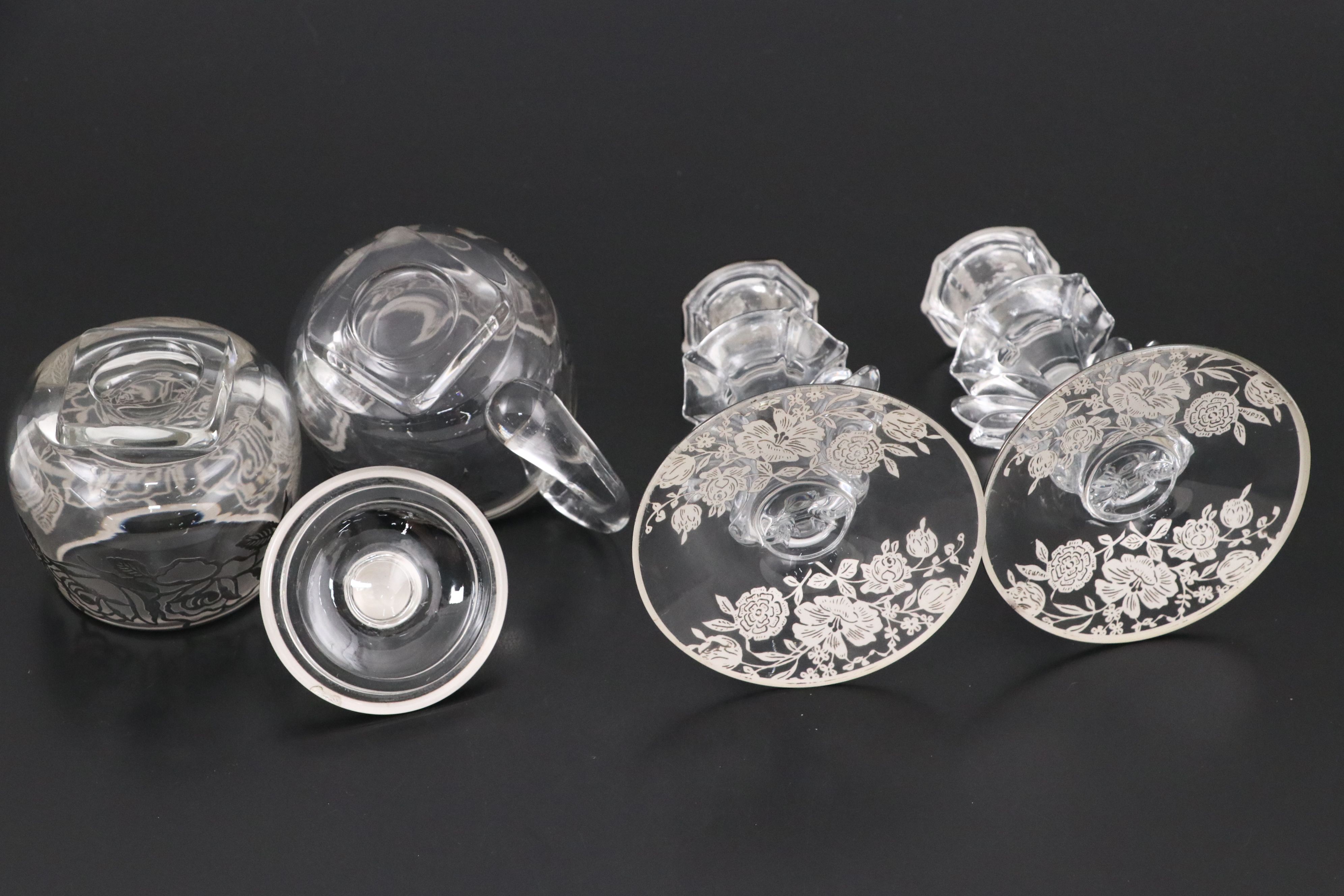 Art Deco Style Glass with Silver Overlay Table Accessories with Serving Utentils