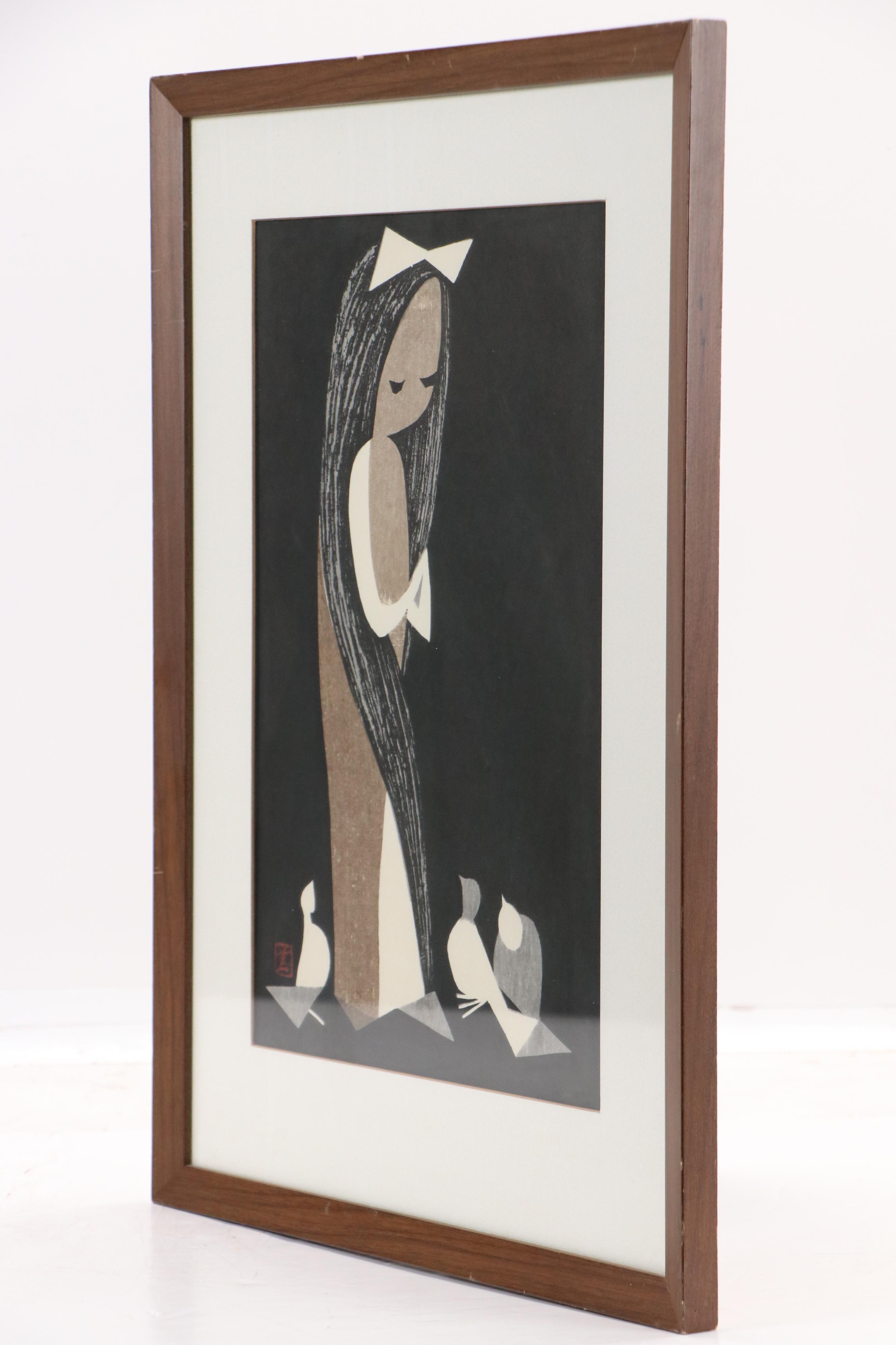 Kaoru Kawano Woodblock "Doves and Girl," 1950