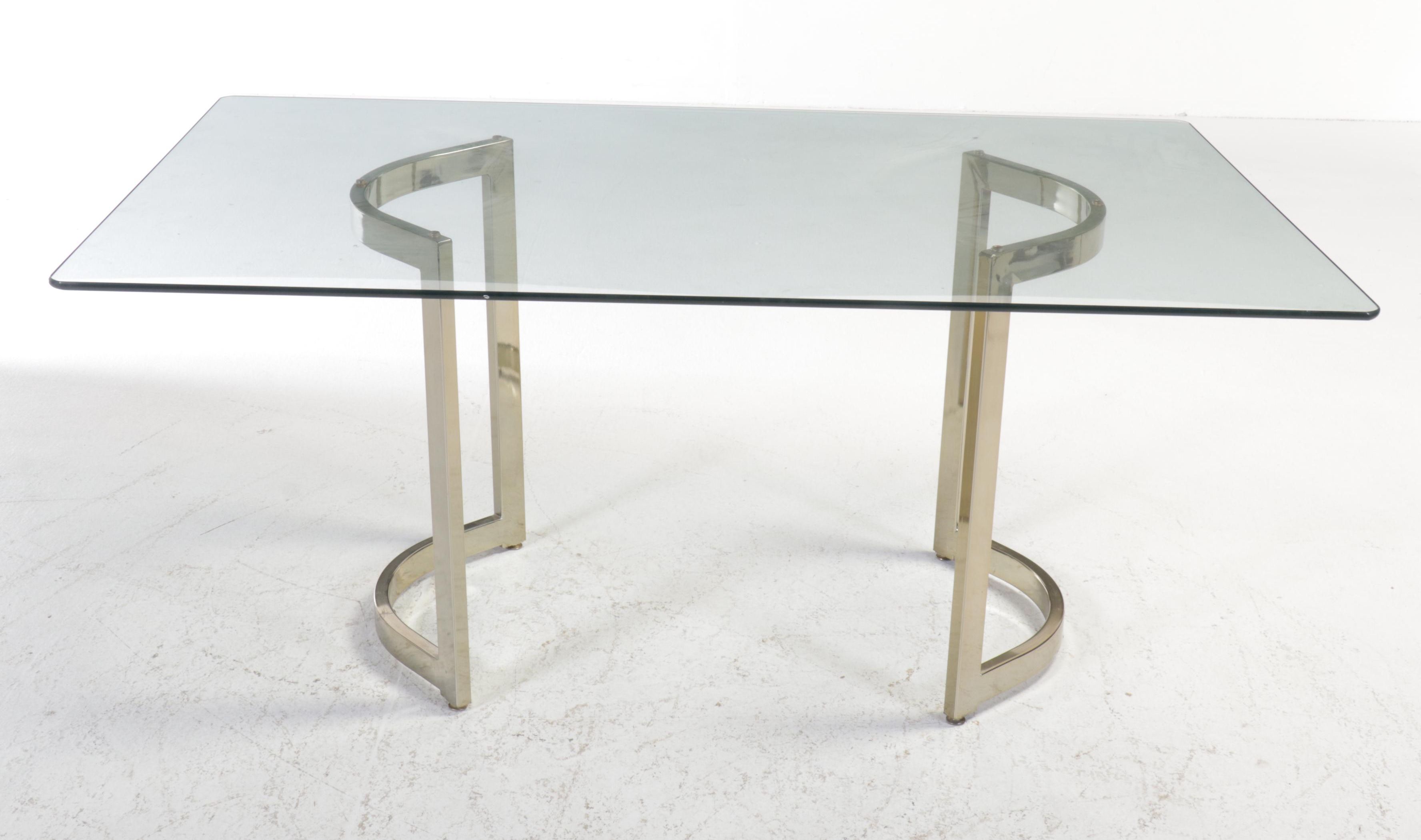Postmodernist Brass Tone Metal and Glass Top Dining Table with Four Chairs