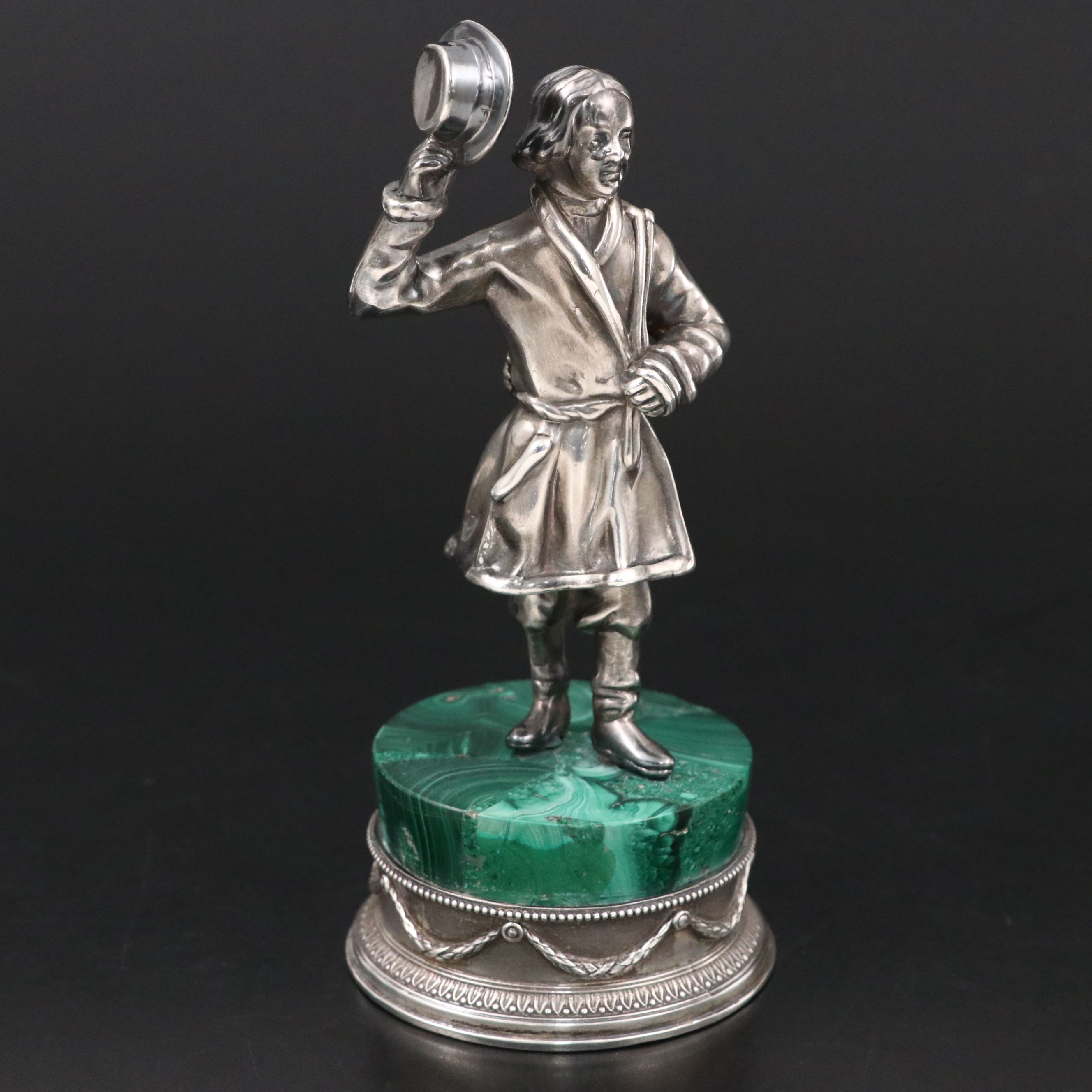 Fabergé Russian 875 Silver Standing Figure on Malachite, Early 20th Century