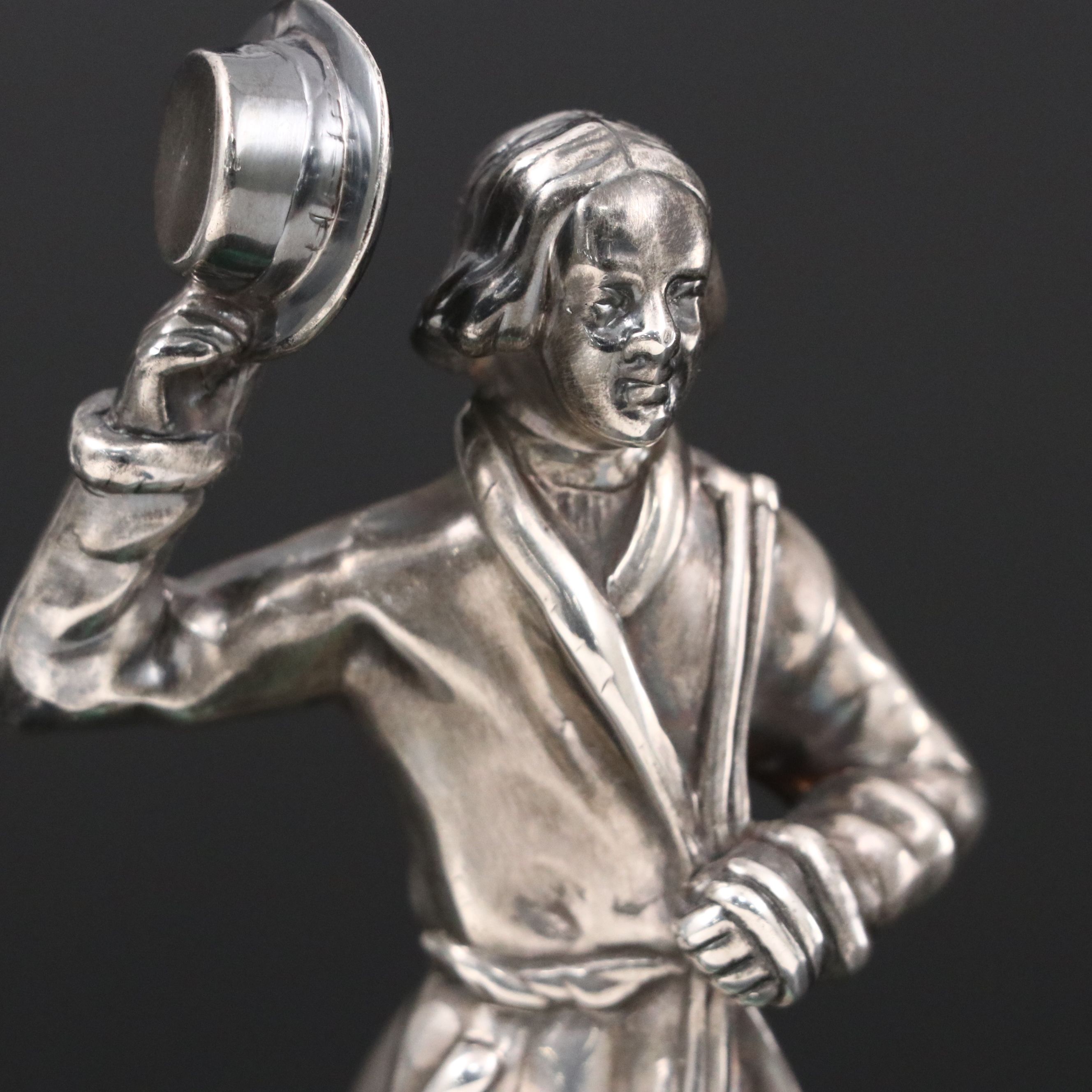 Fabergé Russian 875 Silver Standing Figure on Malachite, Early 20th Century