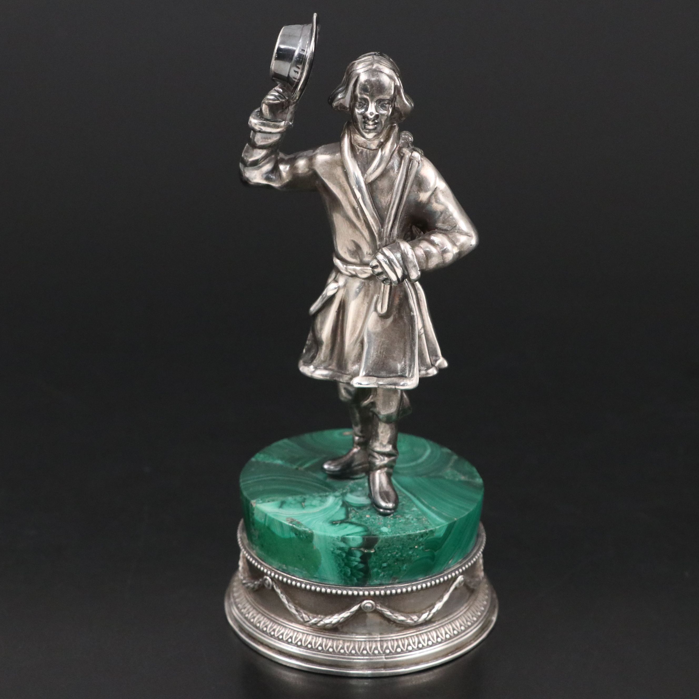 Fabergé Russian 875 Silver Standing Figure on Malachite, Early 20th Century