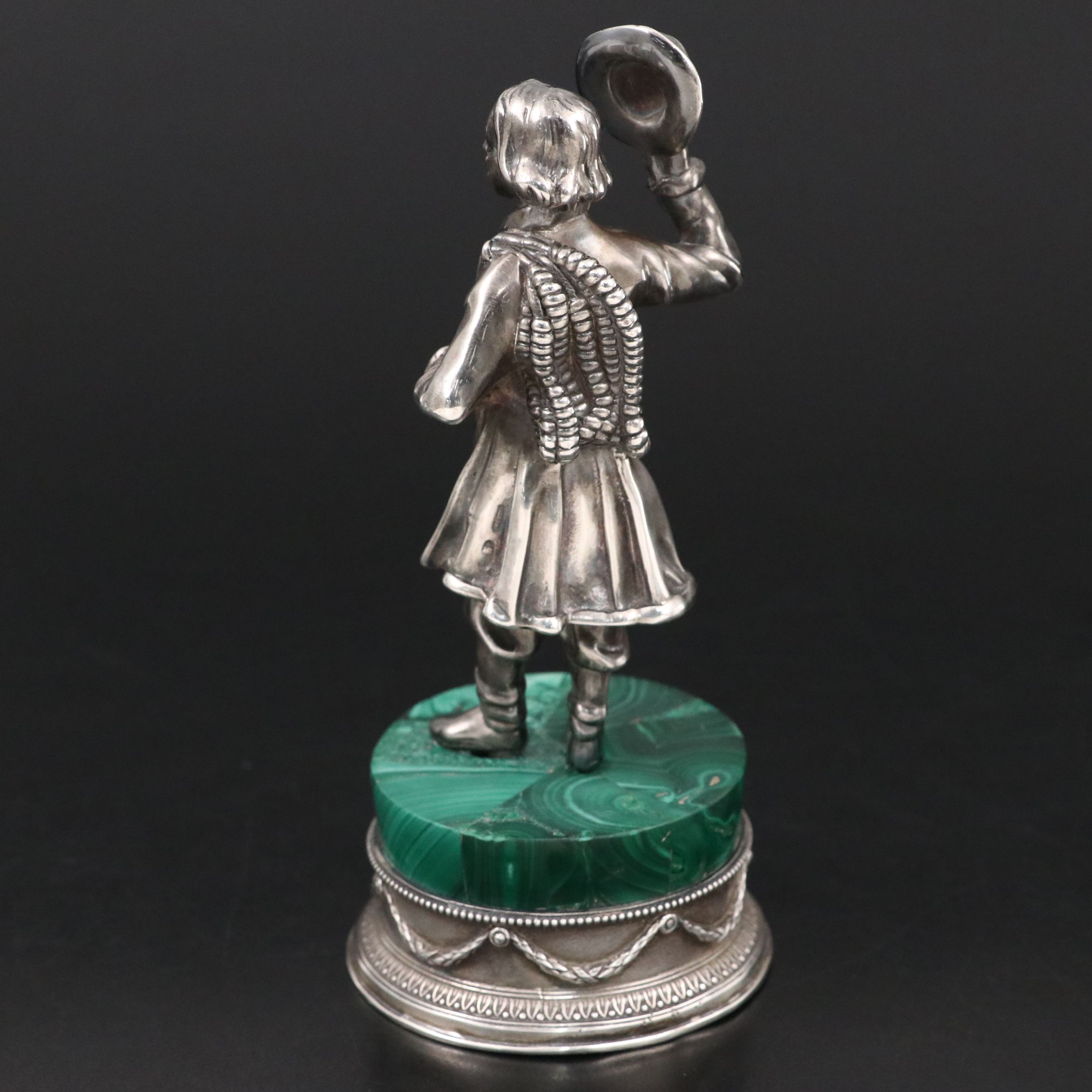 Fabergé Russian 875 Silver Standing Figure on Malachite, Early 20th Century