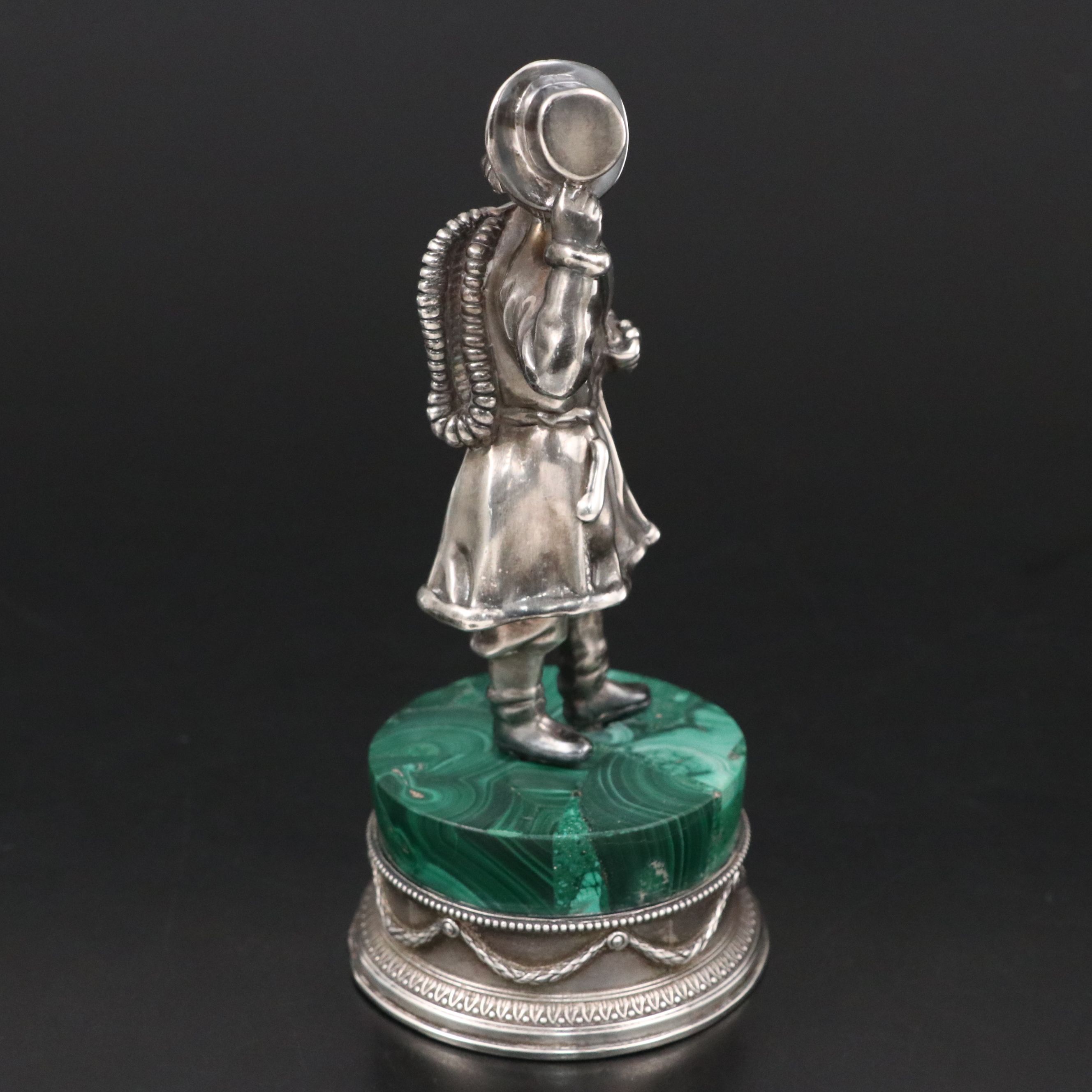 Fabergé Russian 875 Silver Standing Figure on Malachite, Early 20th Century