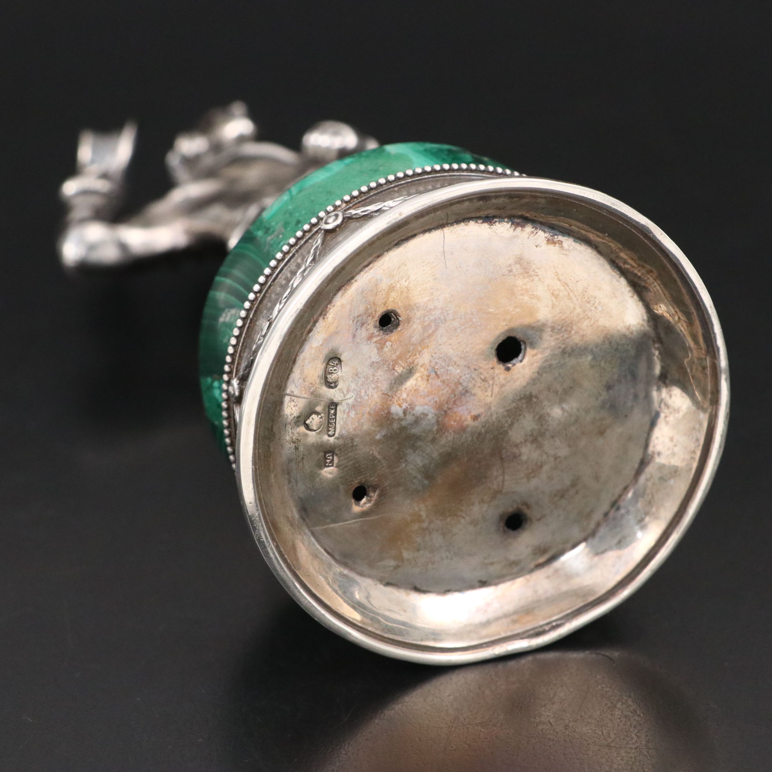 Fabergé Russian 875 Silver Standing Figure on Malachite, Early 20th Century