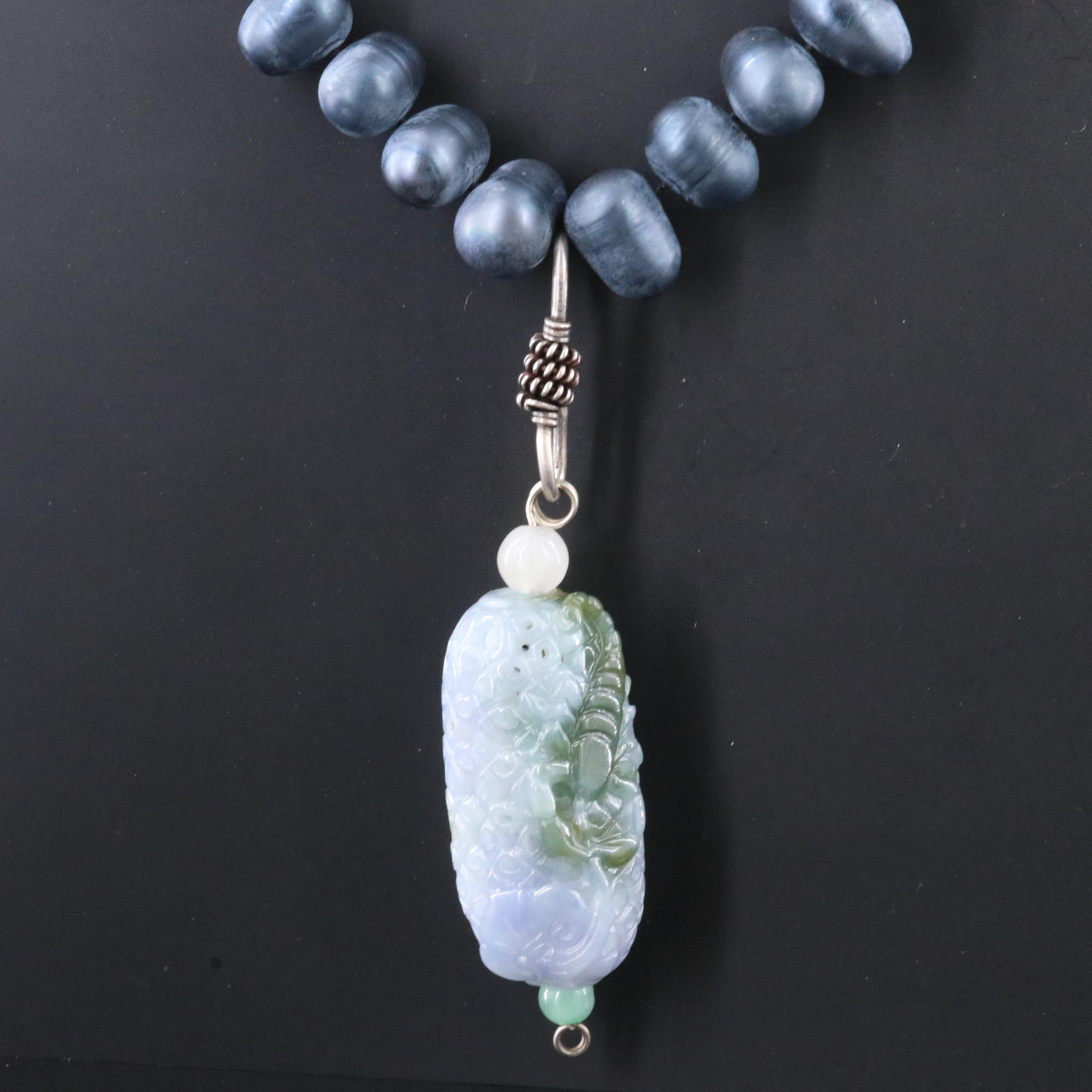 Pearl and Carved Jadeite Scorpion Necklace with Sterling Clasp