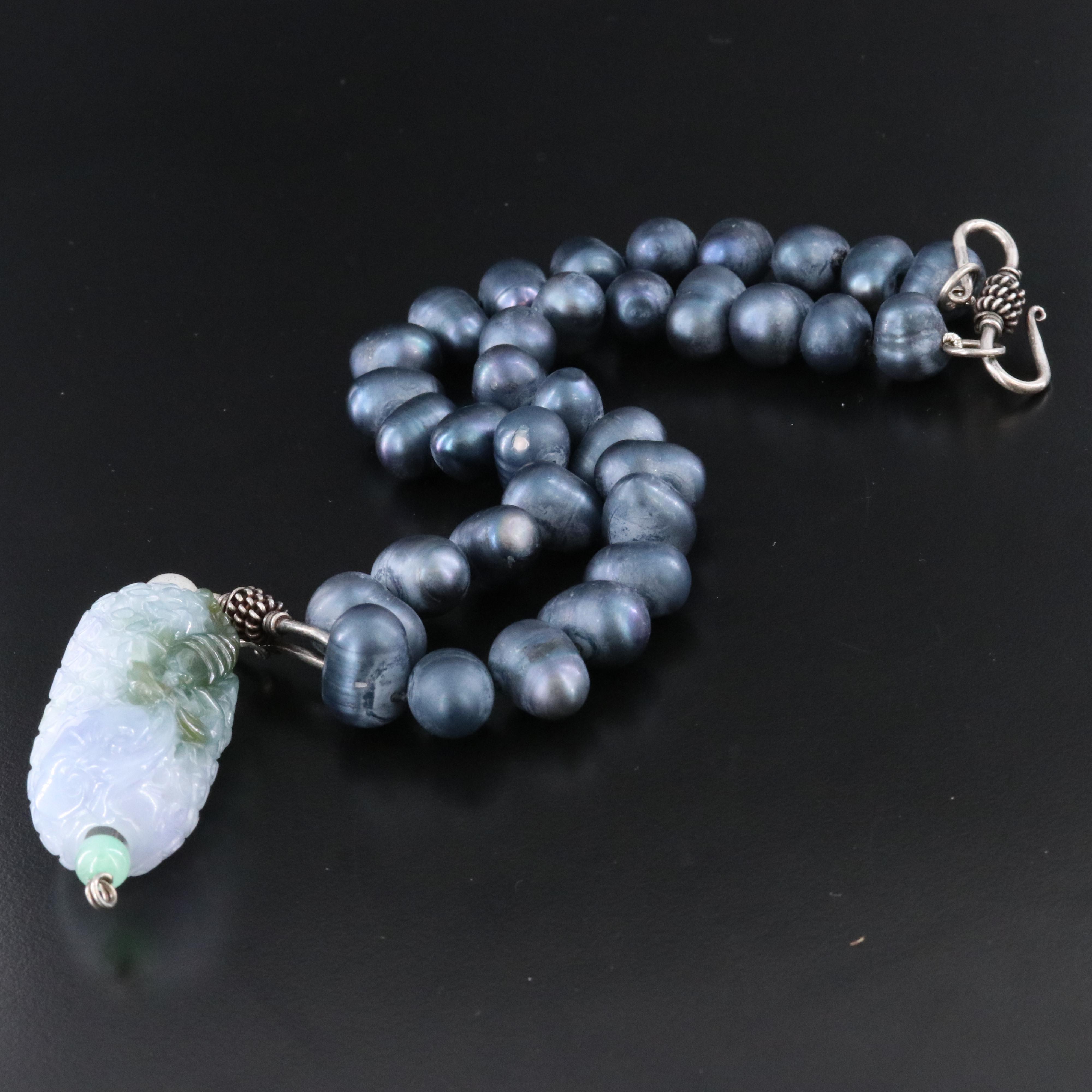 Pearl and Carved Jadeite Scorpion Necklace with Sterling Clasp