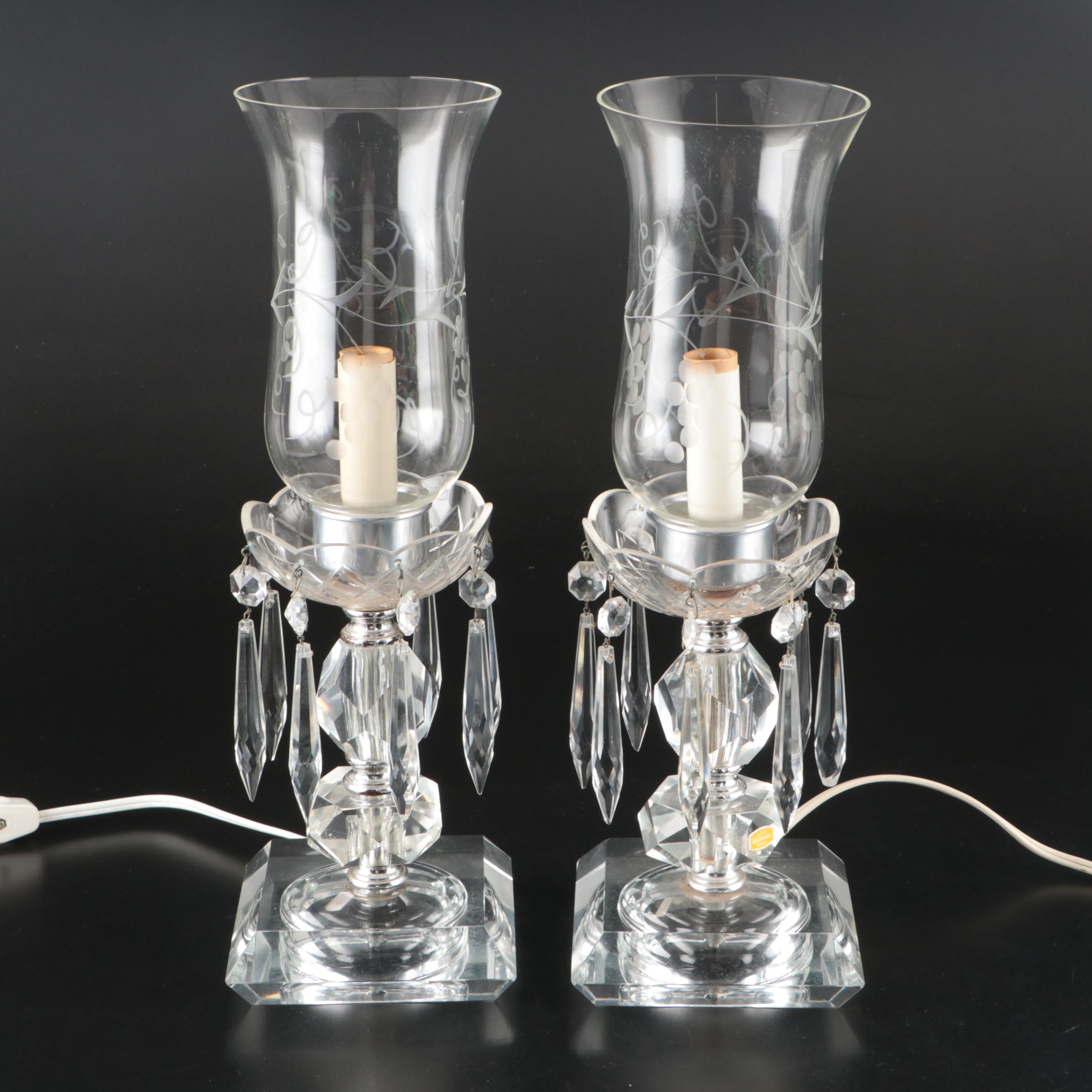 Hollywood Regency Etched Glass Mantel Luster Lamps