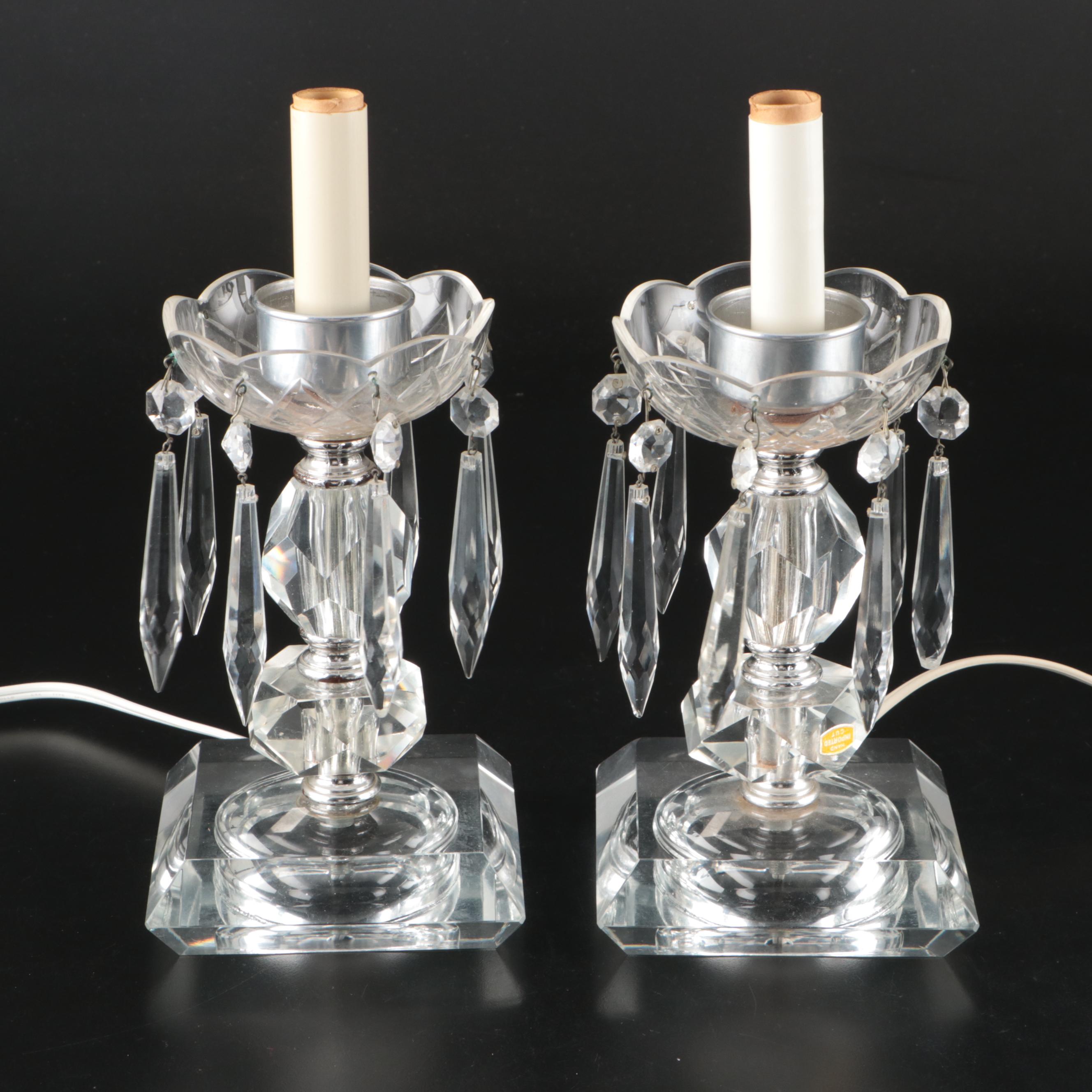 Hollywood Regency Etched Glass Mantel Luster Lamps