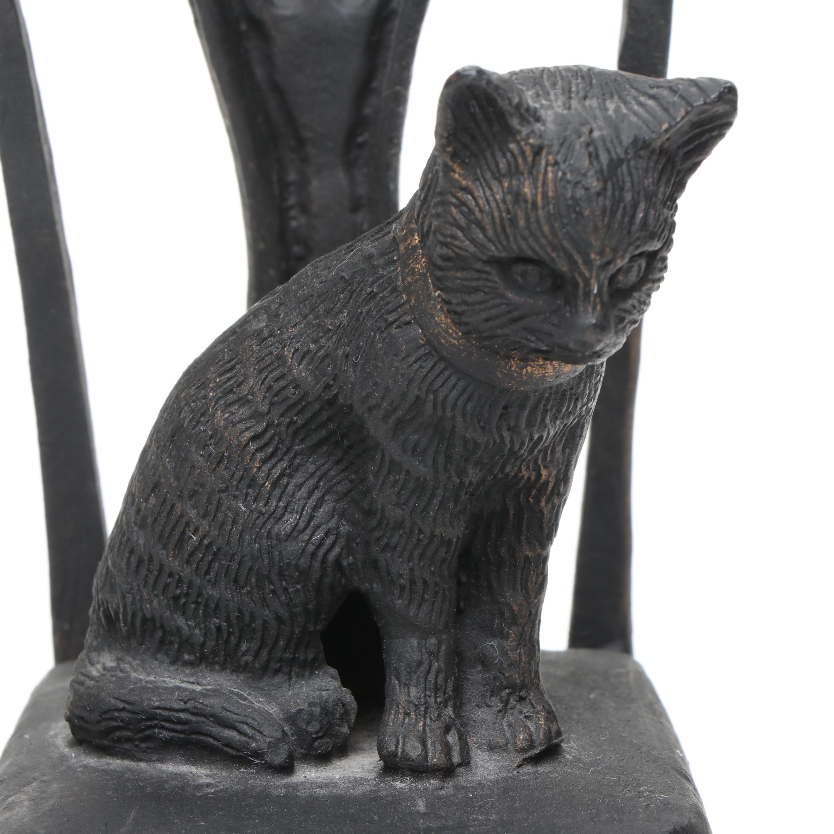 Patinated Cast Metal Kitten Sitting on Chair Bookend