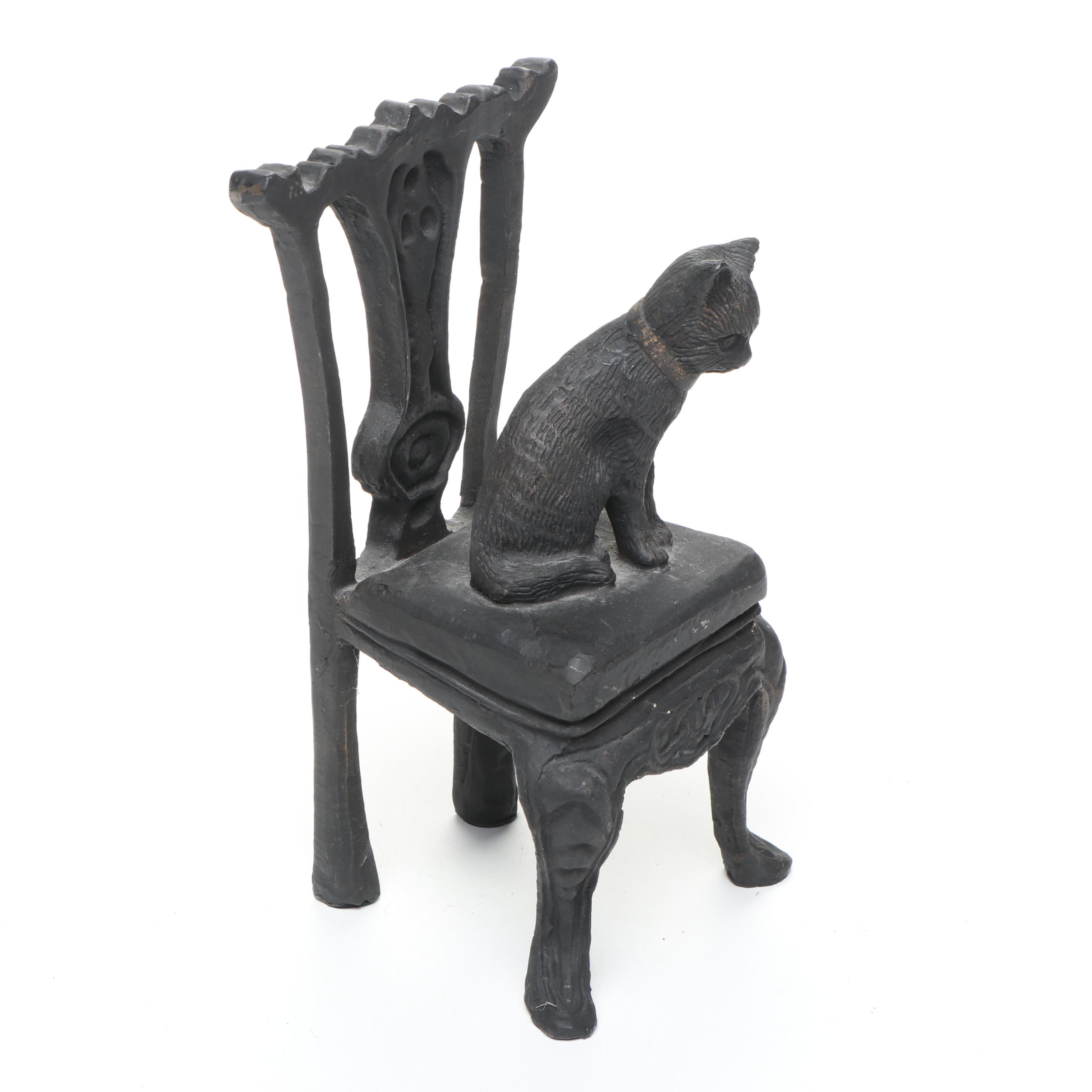 Patinated Cast Metal Kitten Sitting on Chair Bookend