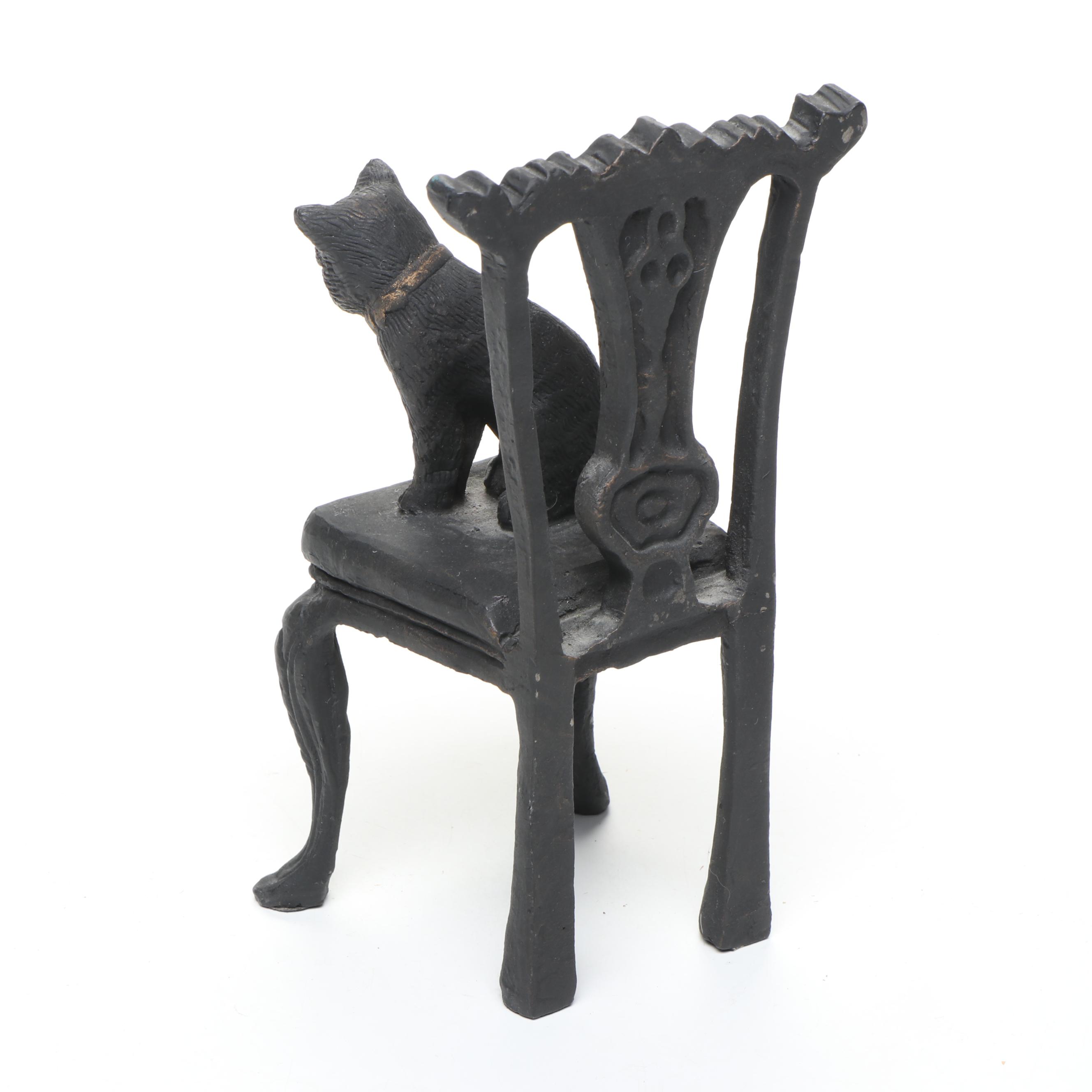 Patinated Cast Metal Kitten Sitting on Chair Bookend