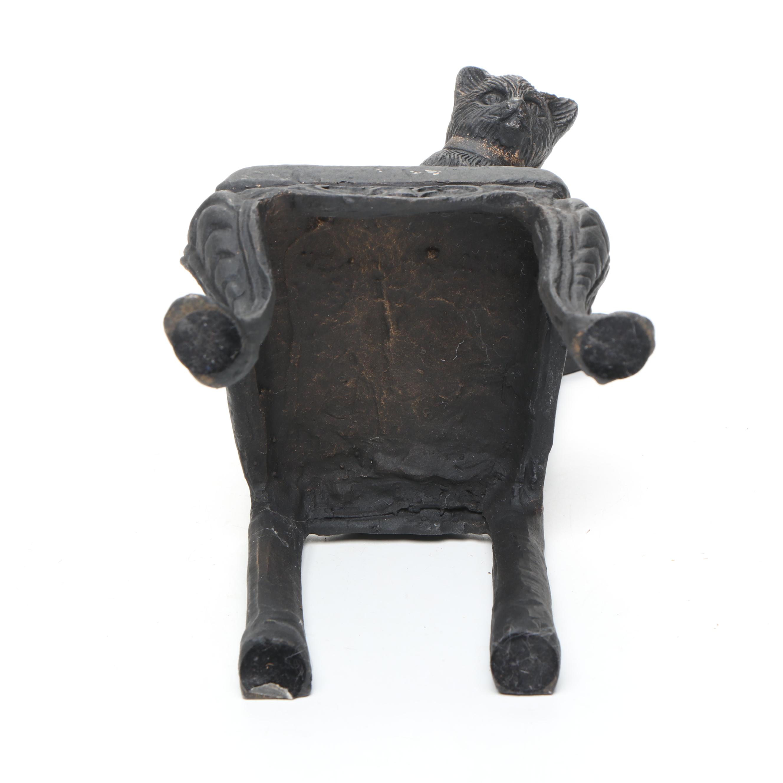 Patinated Cast Metal Kitten Sitting on Chair Bookend