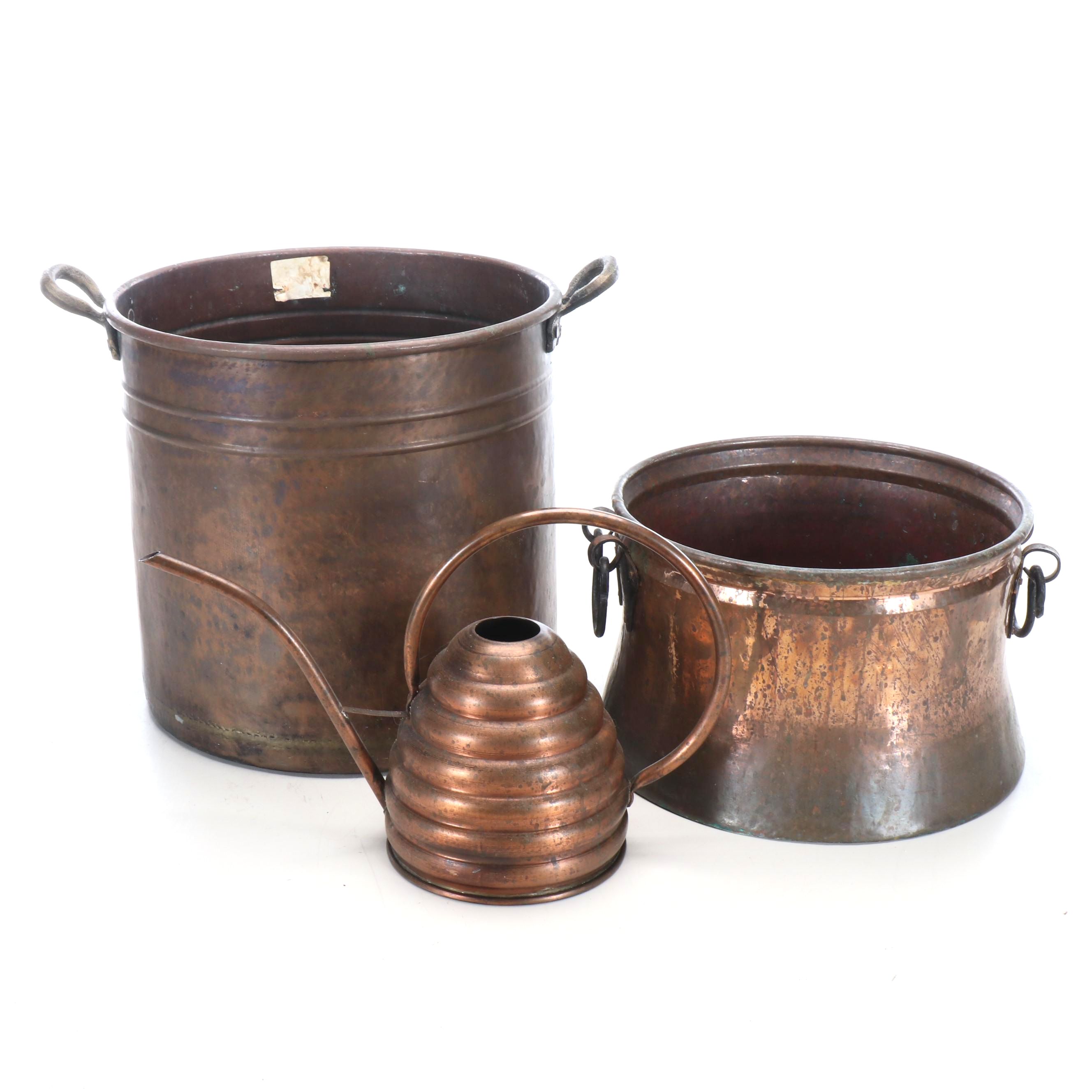 Large Copper Handled Planters with Coiled Copper Water Can
