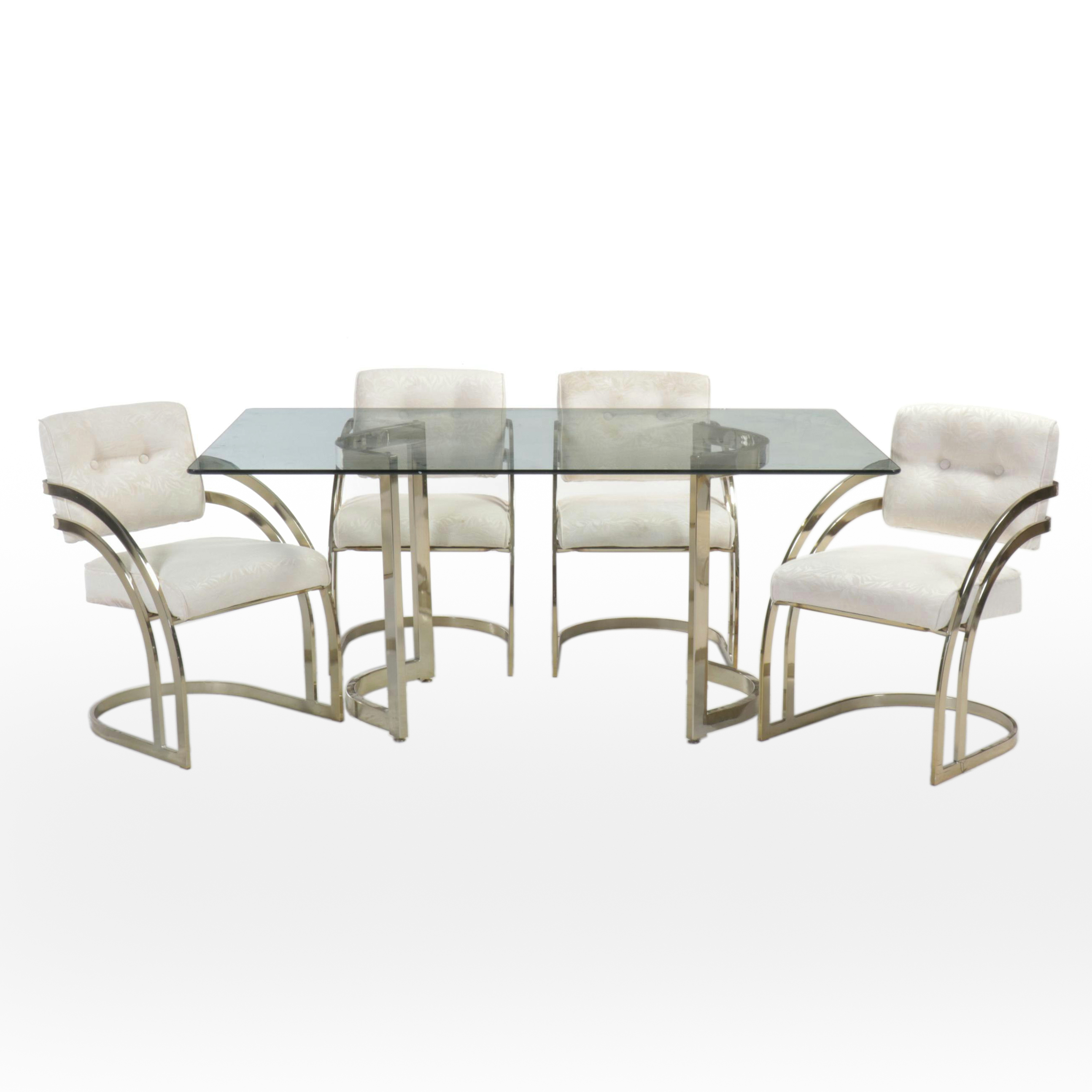 Postmodernist Brass Tone Metal and Glass Top Dining Table with Four Chairs