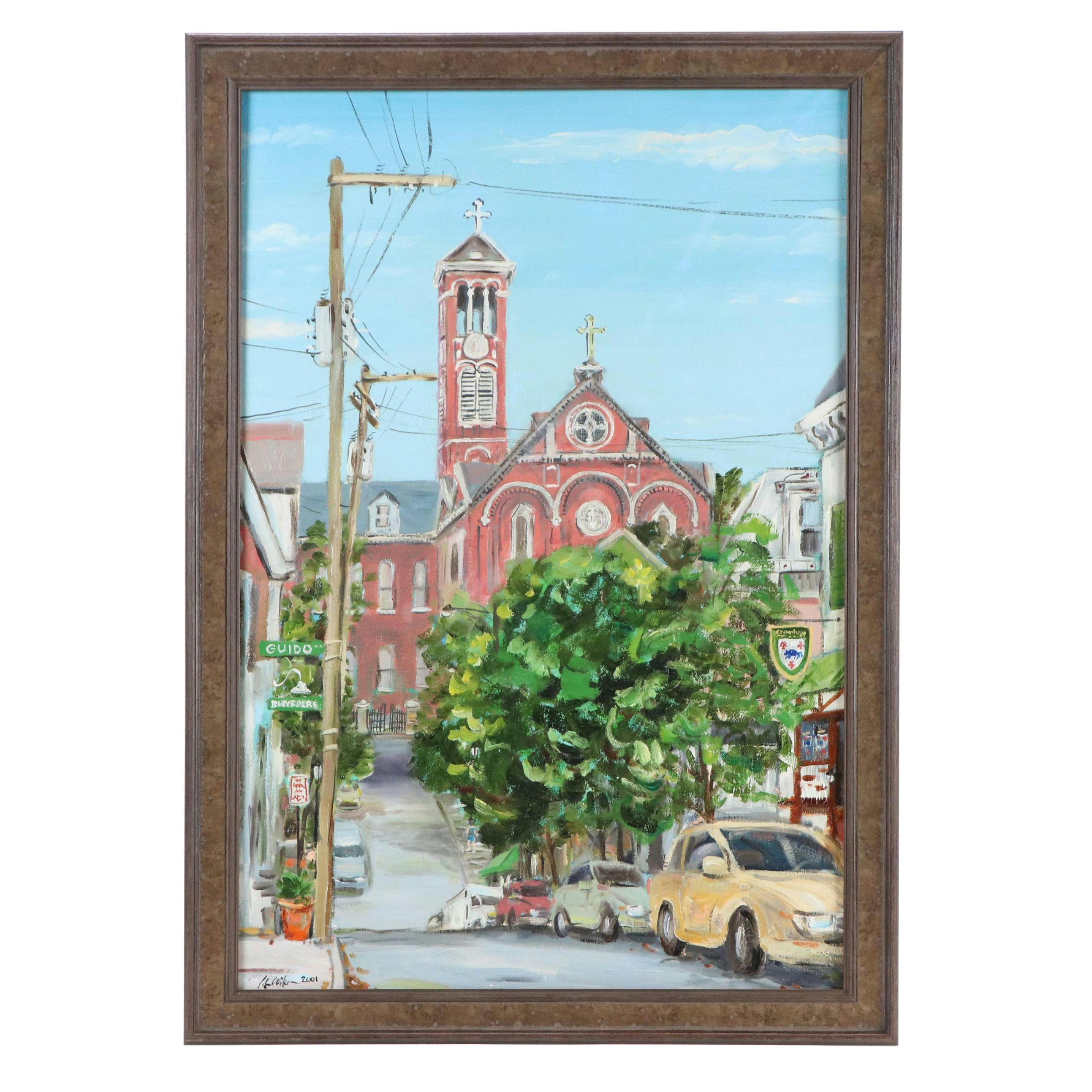Cityscape Oil Painting of Street Scene with Church, 2001