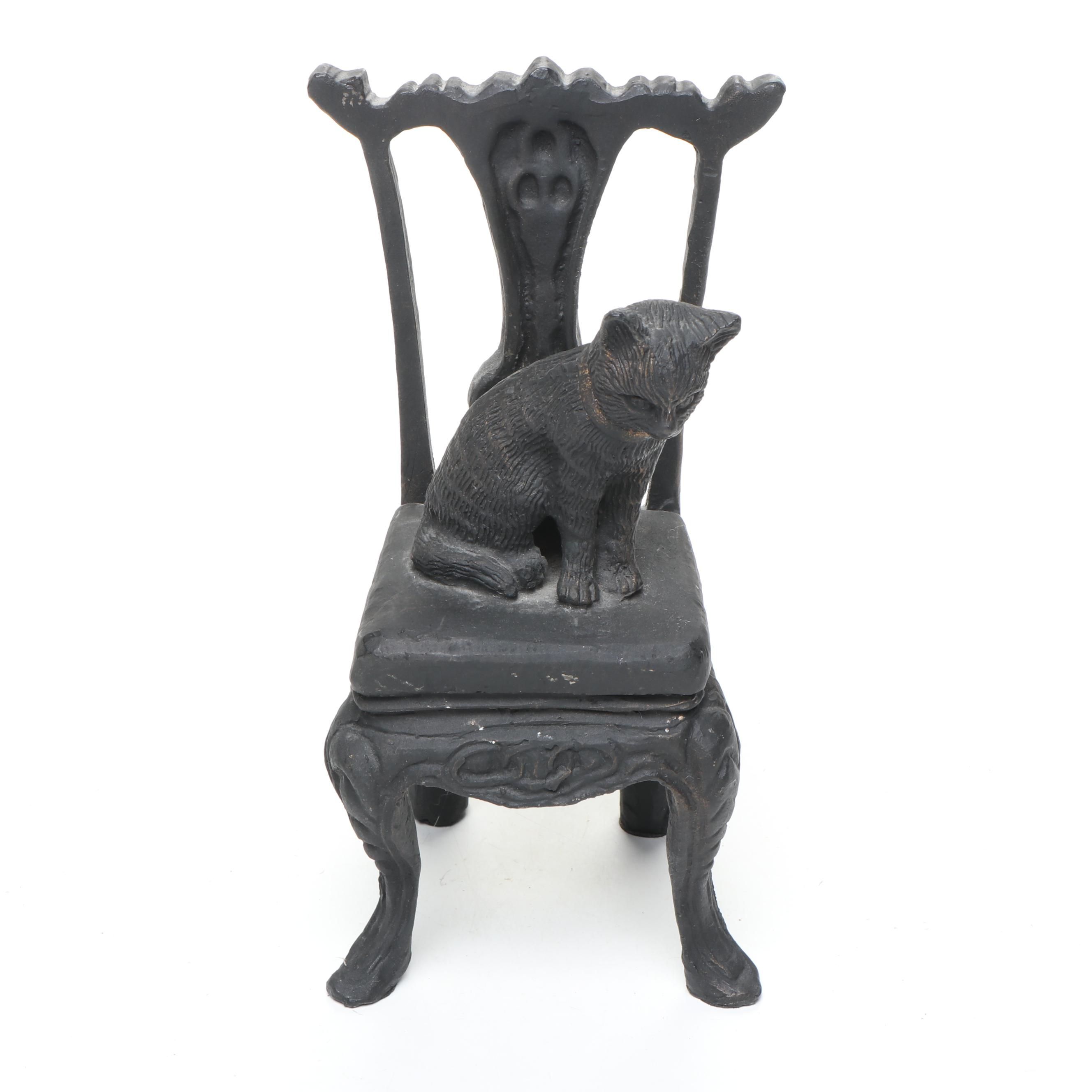 Patinated Cast Metal Kitten Sitting on Chair Bookend