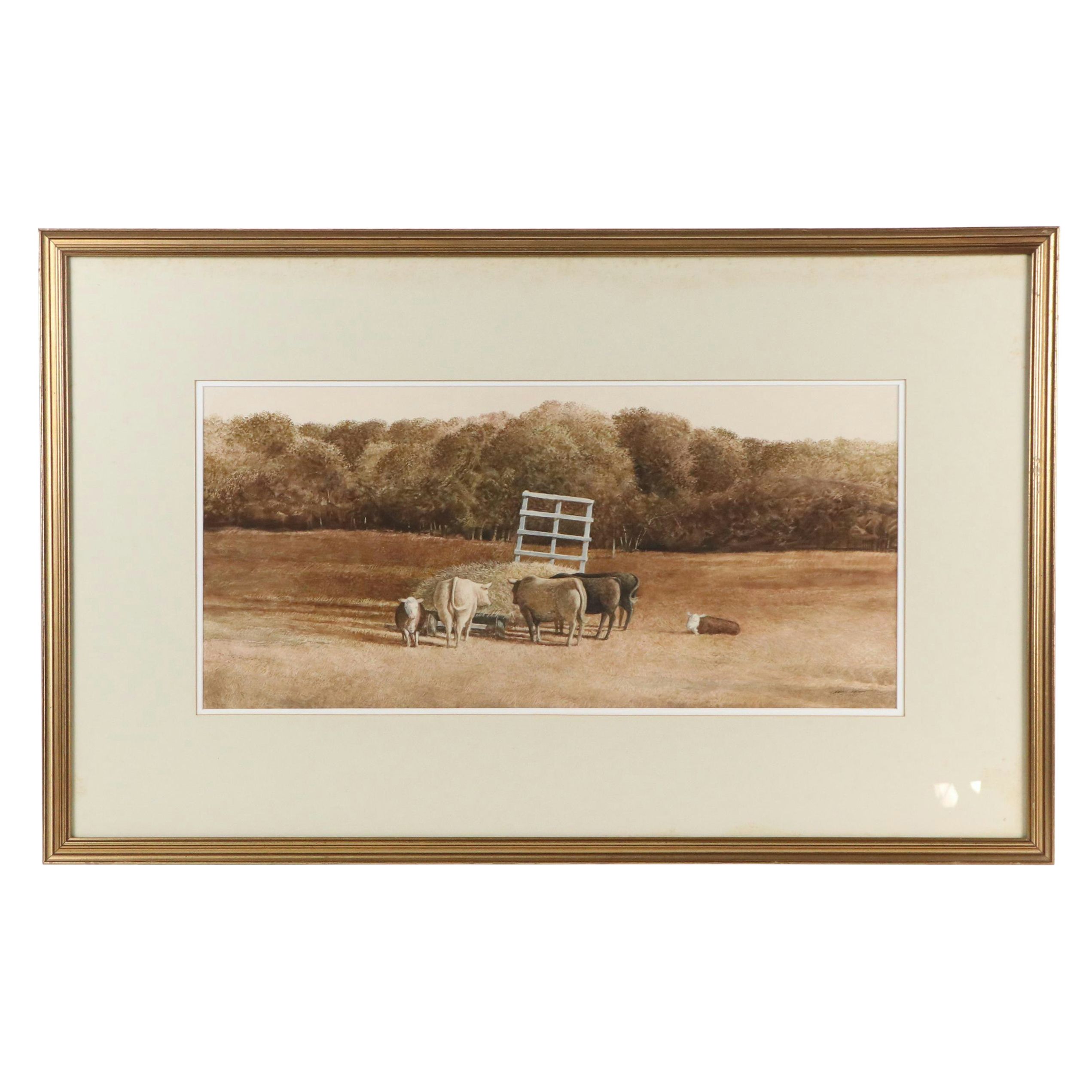 Greg Mort Pastoral Gouache Painting of Cows Eating Hay, 1981