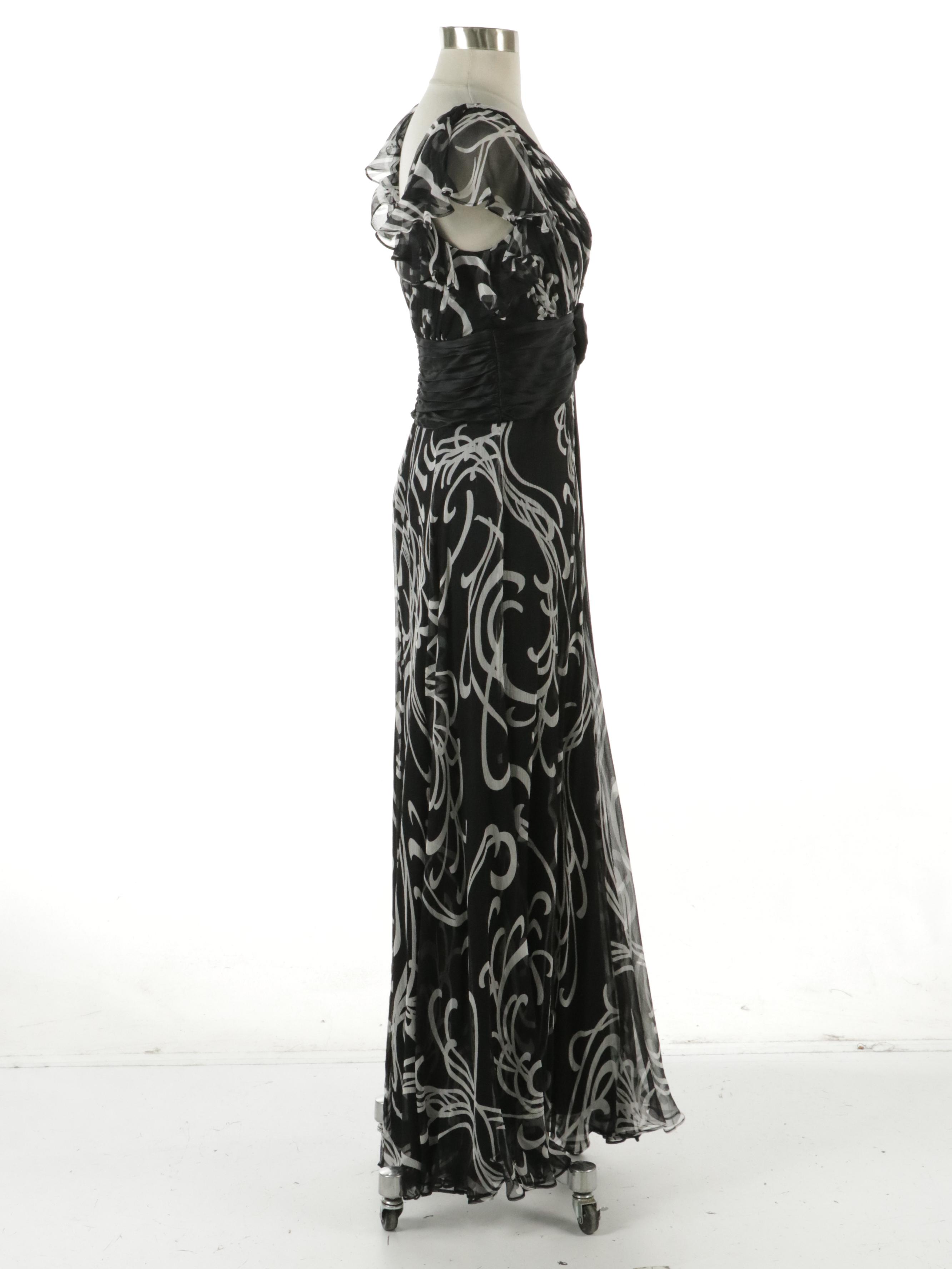 Tadashi Collection Black & White Printed Silk Maxi Dress with Pleated Bow Detail