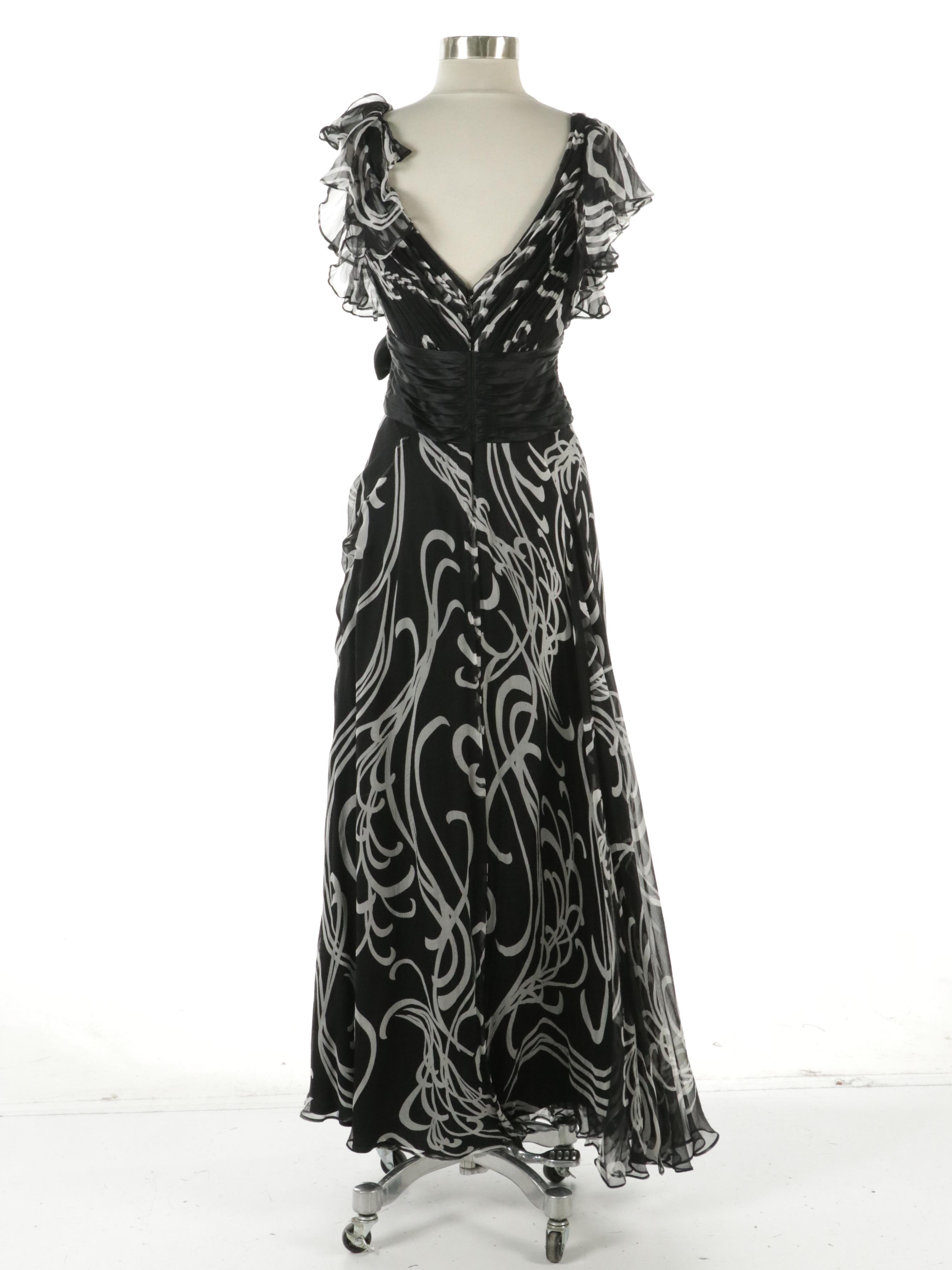 Tadashi Collection Black & White Printed Silk Maxi Dress with Pleated Bow Detail