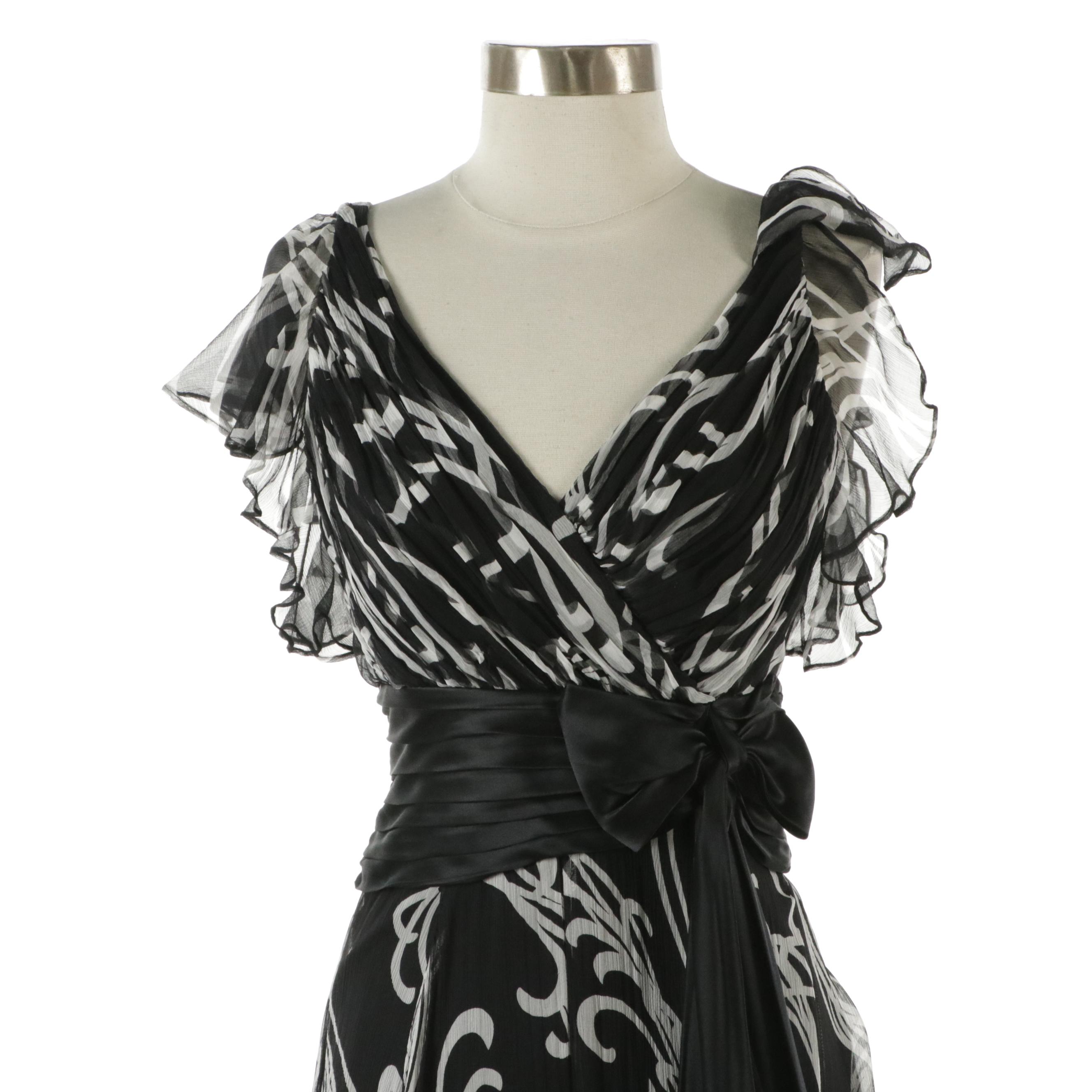 Tadashi Collection Black & White Printed Silk Maxi Dress with Pleated Bow Detail