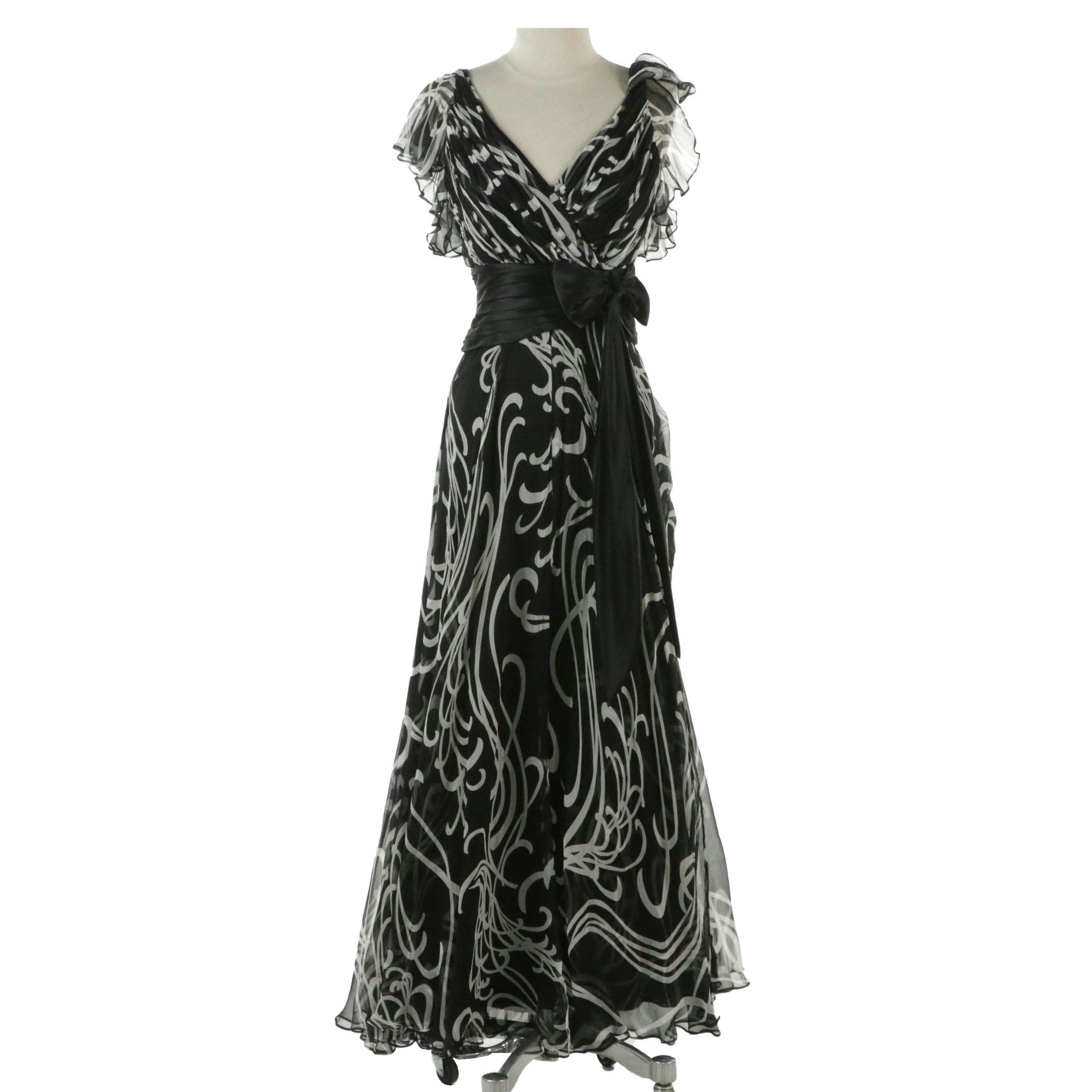 Tadashi Collection Black & White Printed Silk Maxi Dress with Pleated Bow Detail