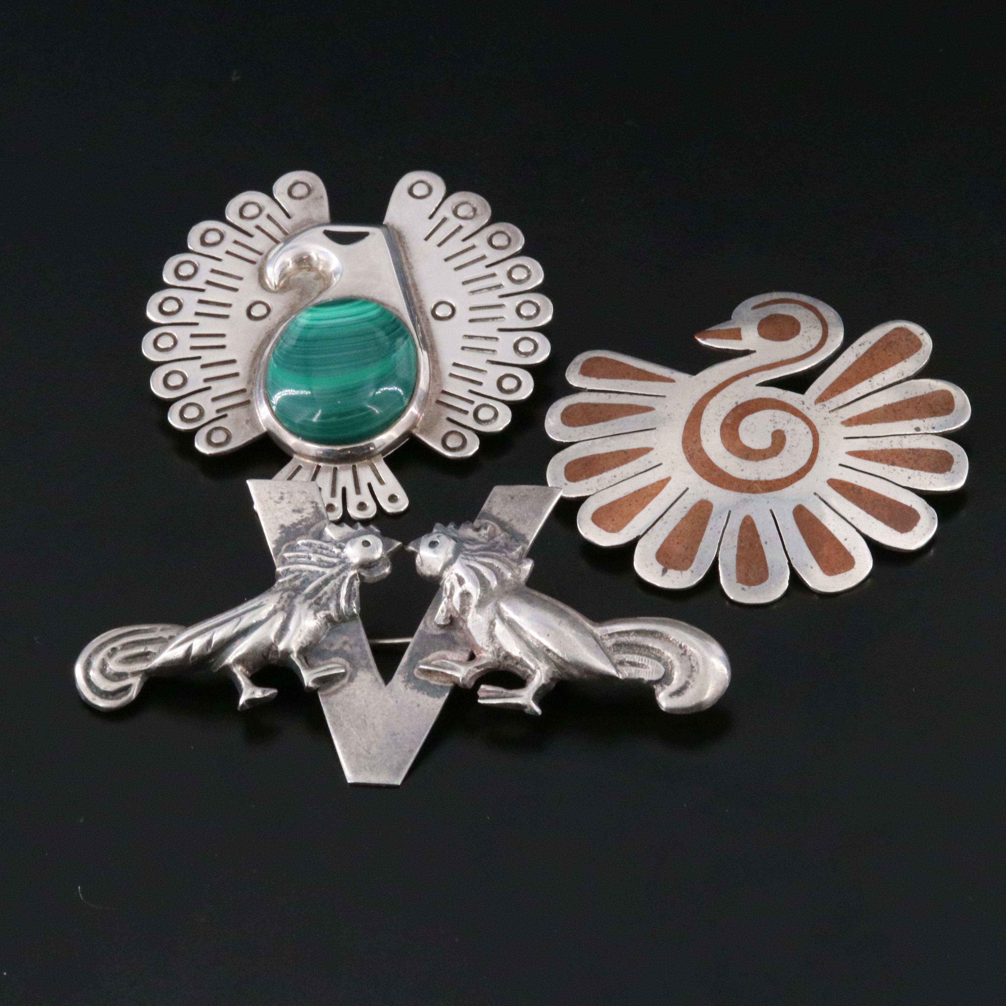 Mexican Sterling, 950 and 900 Silver Brooches with Malachite