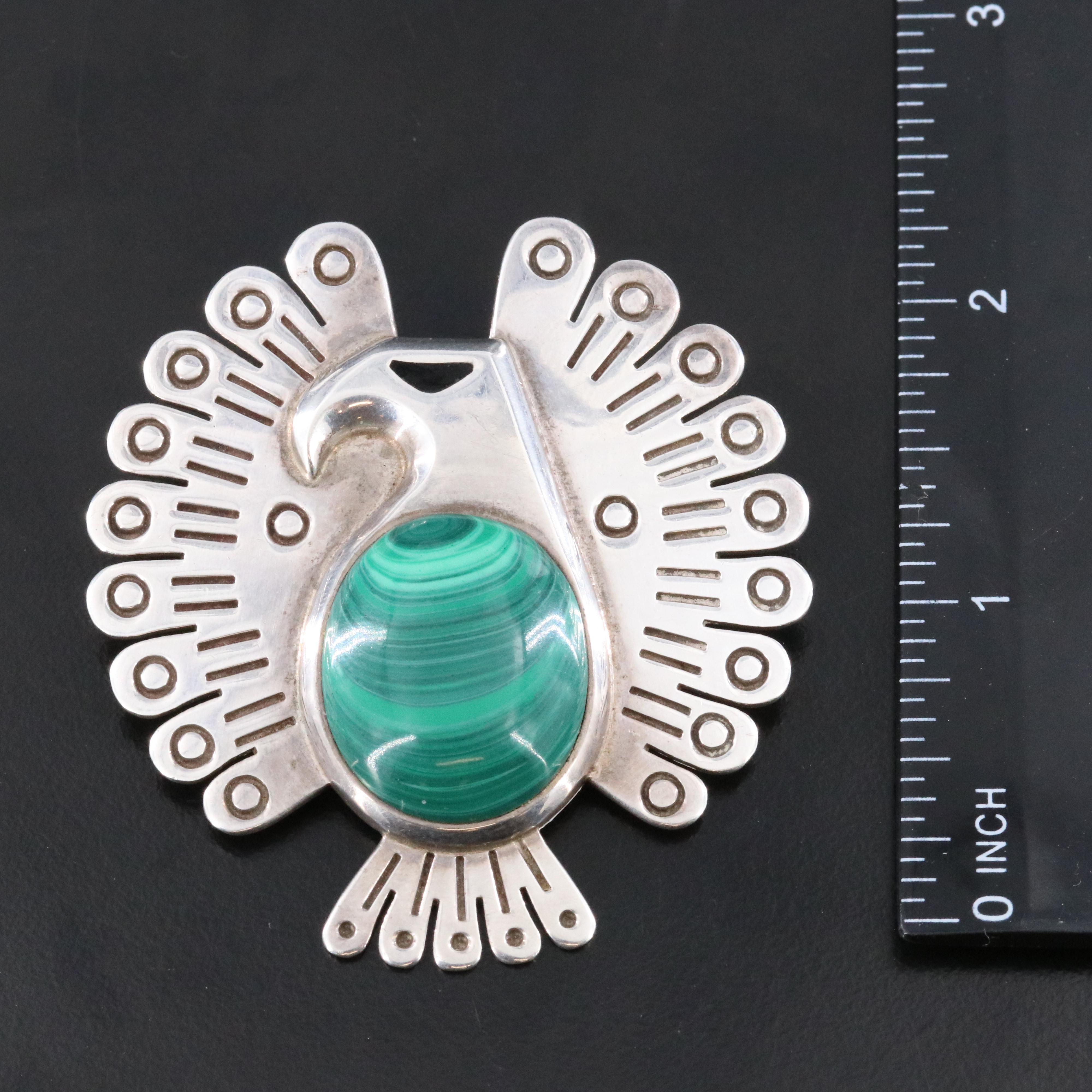 Mexican Sterling, 950 and 900 Silver Brooches with Malachite