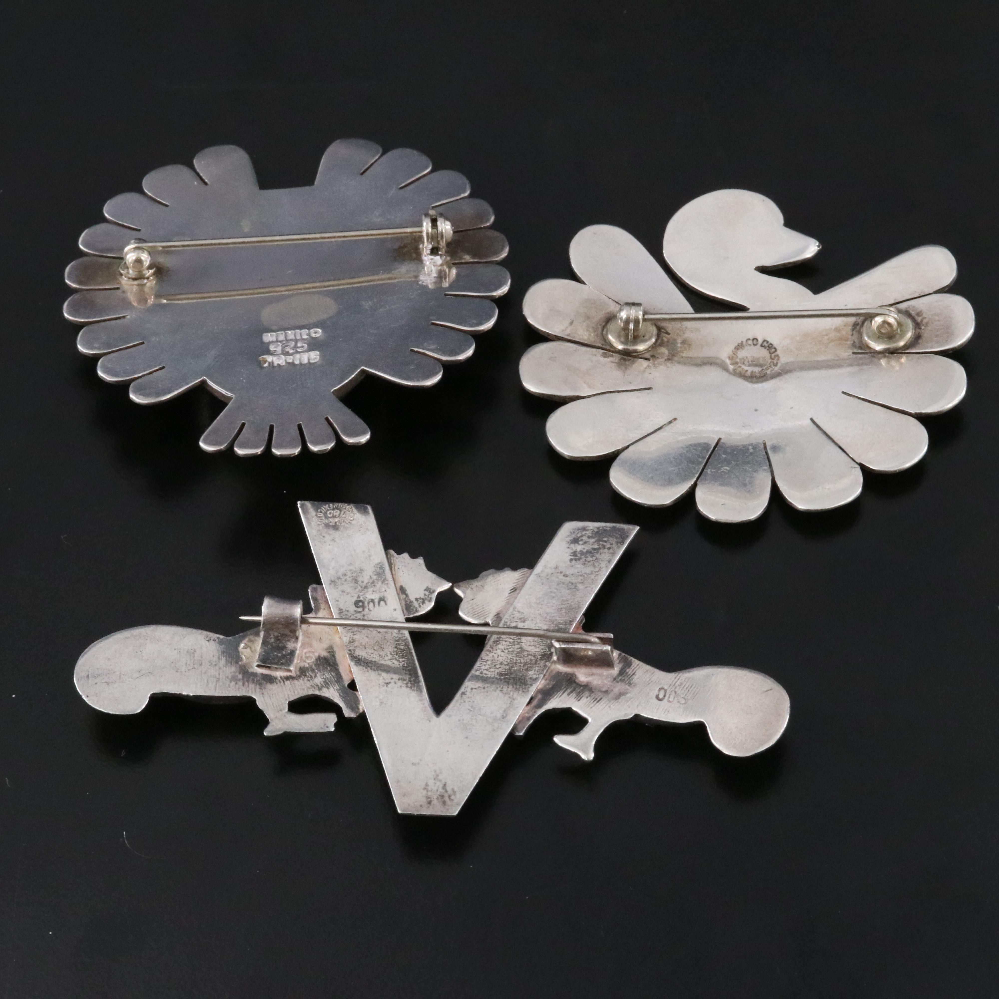 Mexican Sterling, 950 and 900 Silver Brooches with Malachite