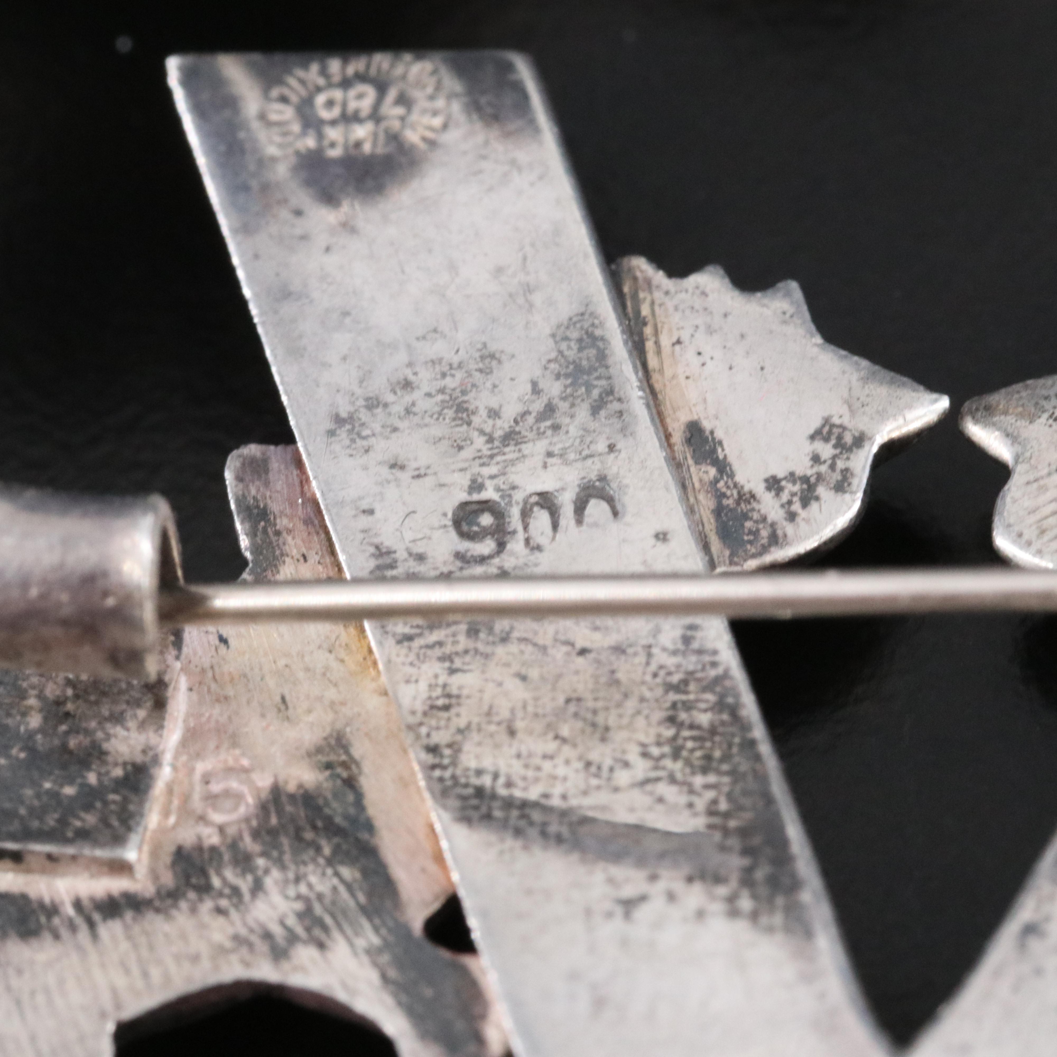 Mexican Sterling, 950 and 900 Silver Brooches with Malachite