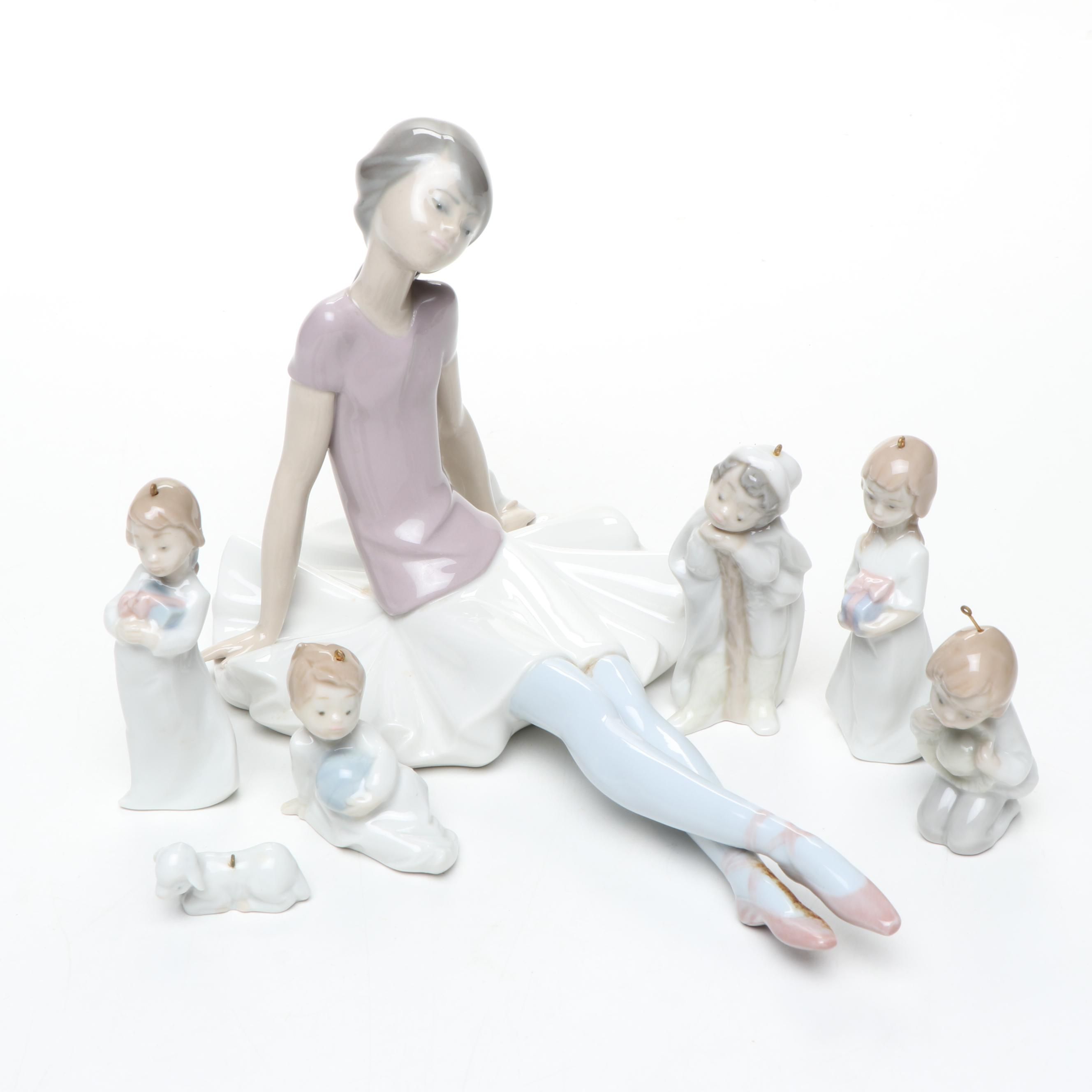 Lladró "Ballerina Sitting" Porcelain Figurine with Lladró Porcelain Ornmanets