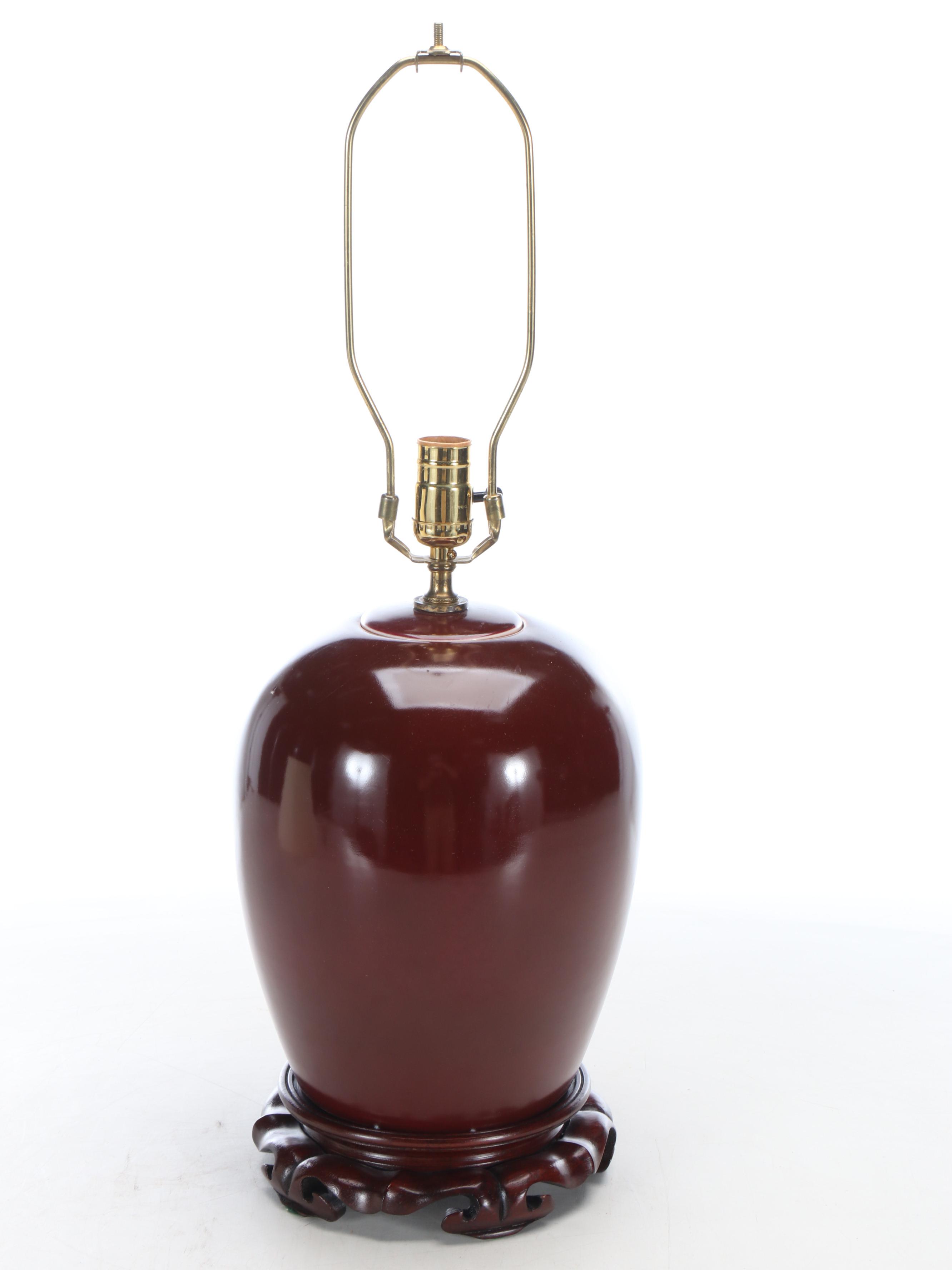 Chinese Sang de Boeuf Porcelain Lamp with Silk Paneled Bell Shade