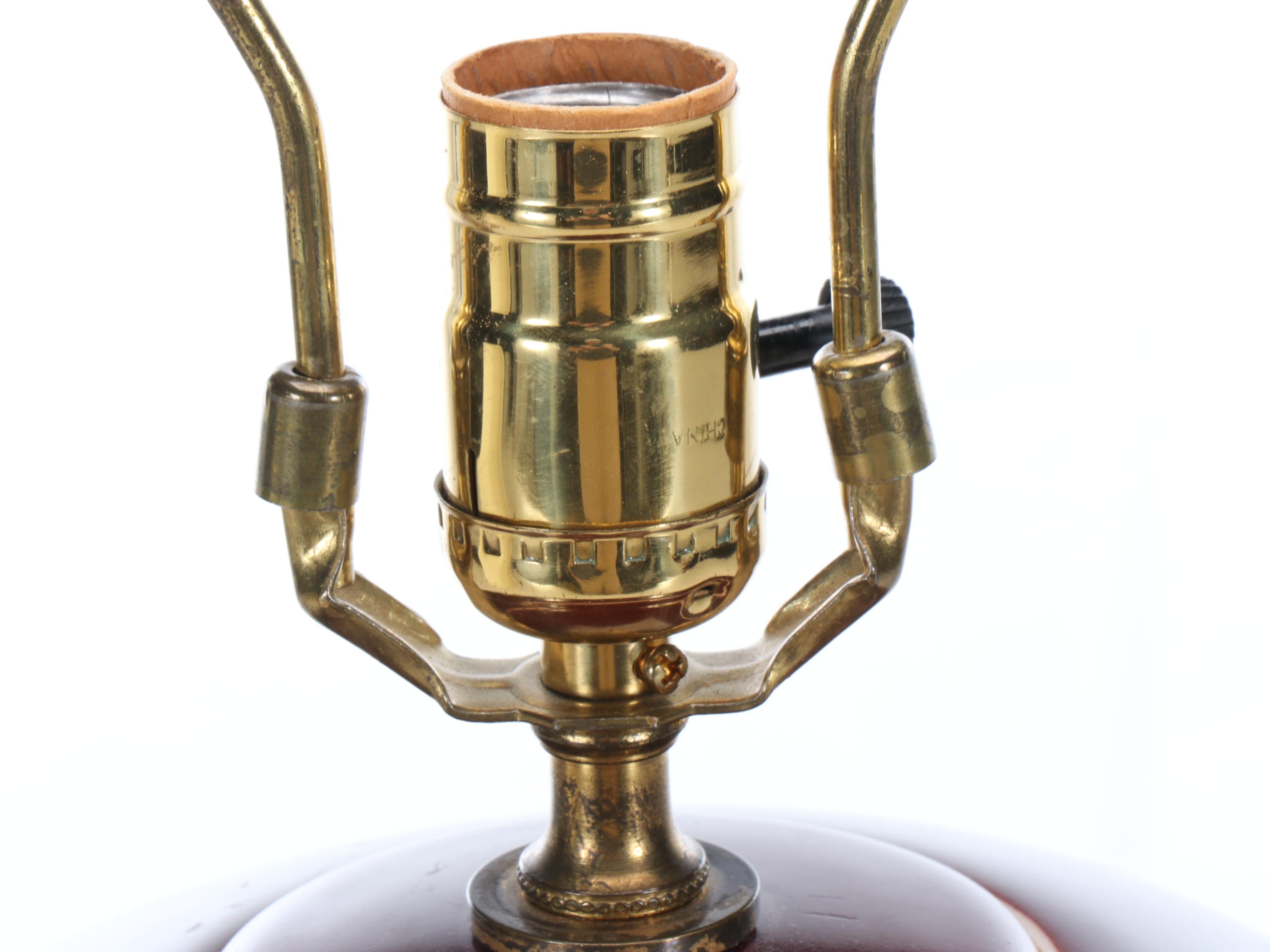 Chinese Sang de Boeuf Porcelain Lamp with Silk Paneled Bell Shade