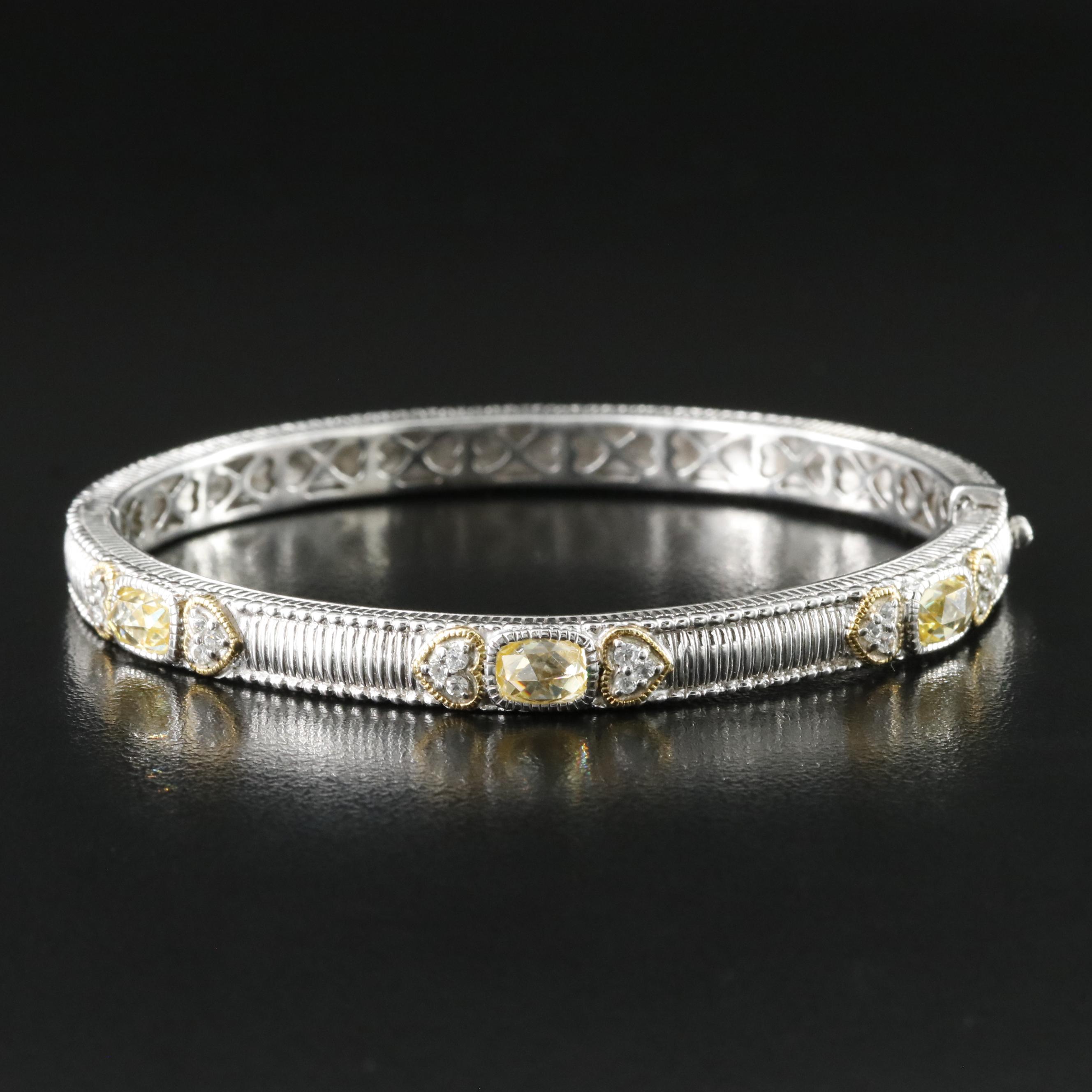 Judith Ripka Sterling CZ and Diamond Hinged Bangle Bracelet with 18K Accent
