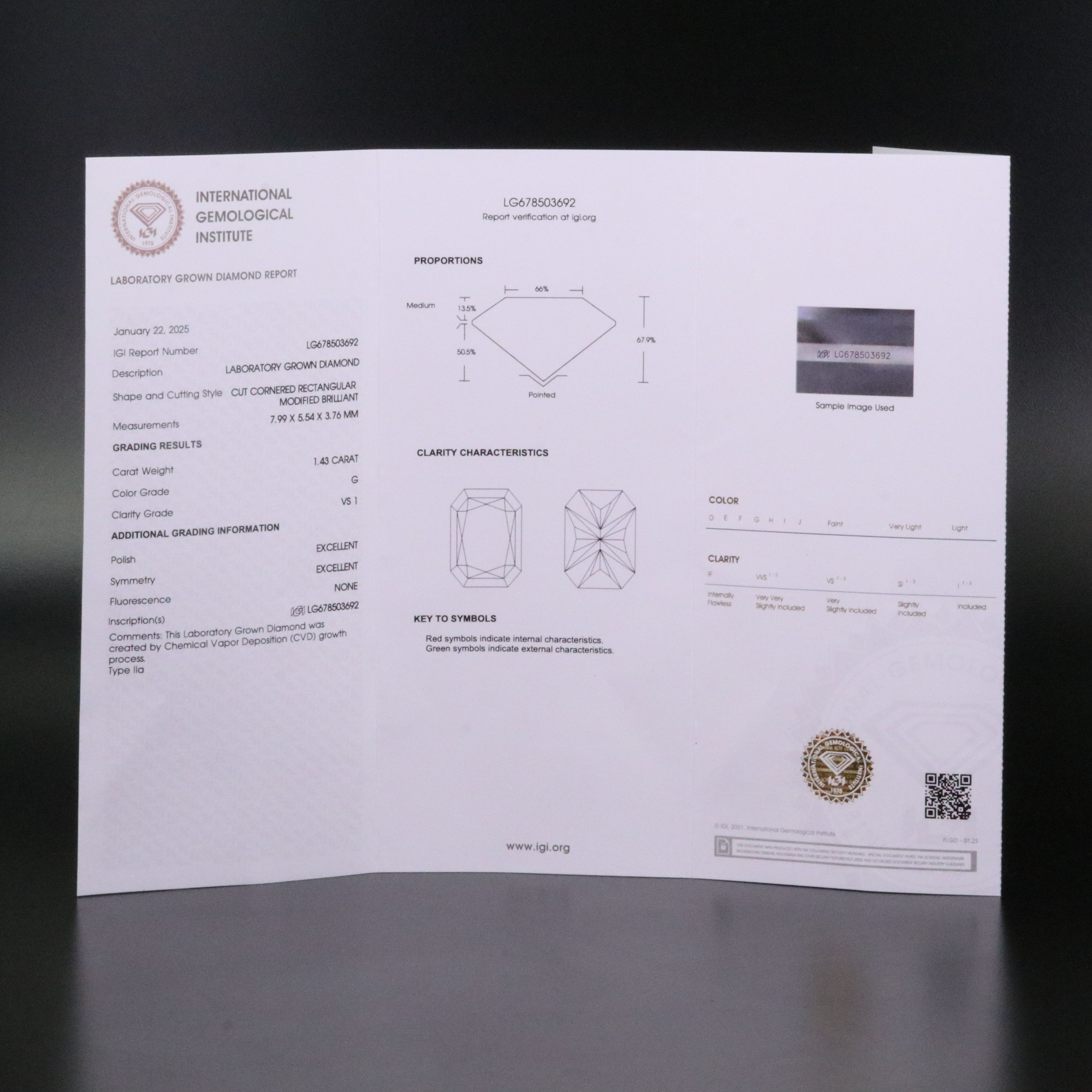 Loose 1.43 CT Lab Grown Diamond with IGI Report