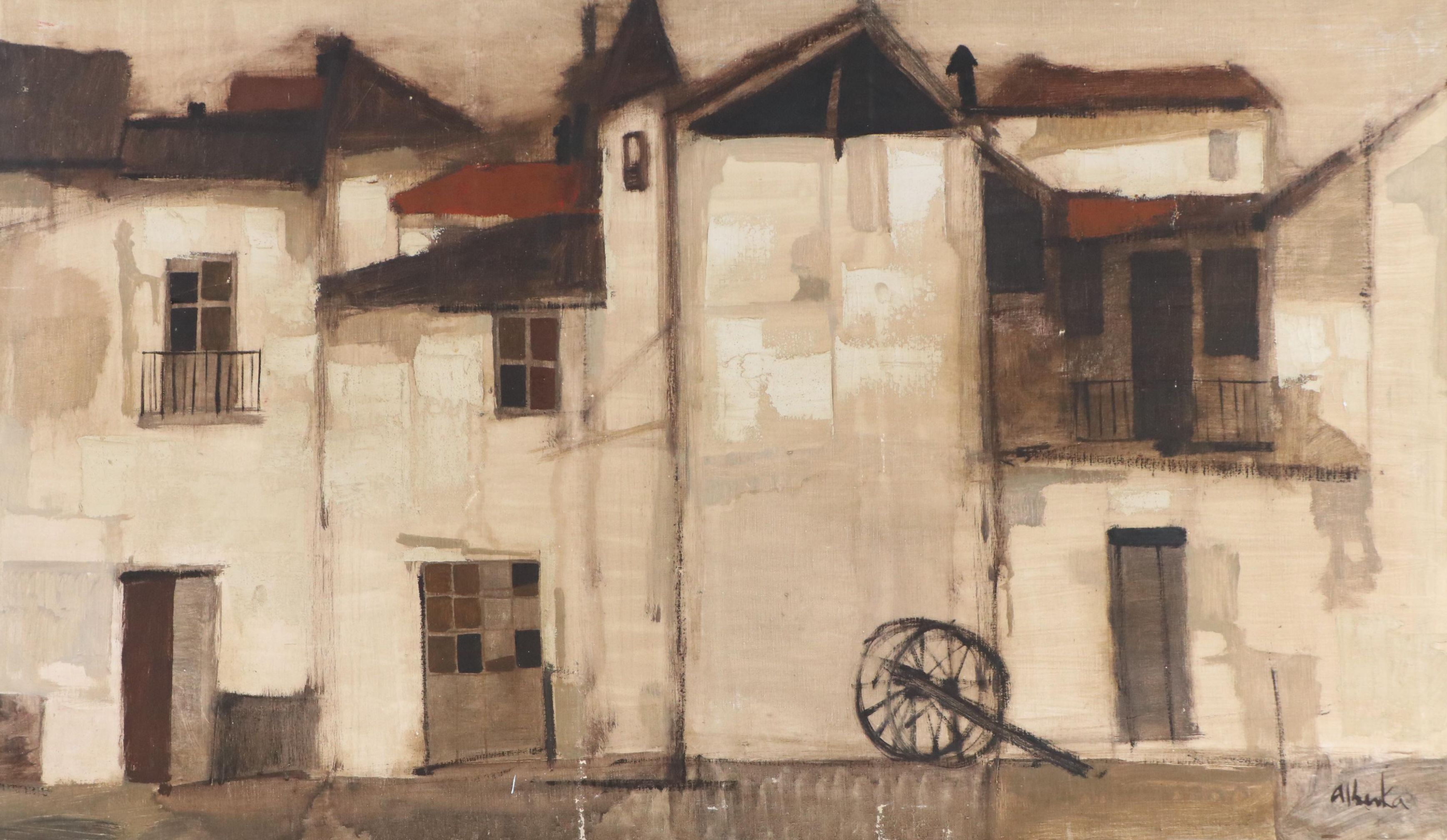Gabriel Alberca Spanish Architectural Landscape Oil Painting, Circa 1960