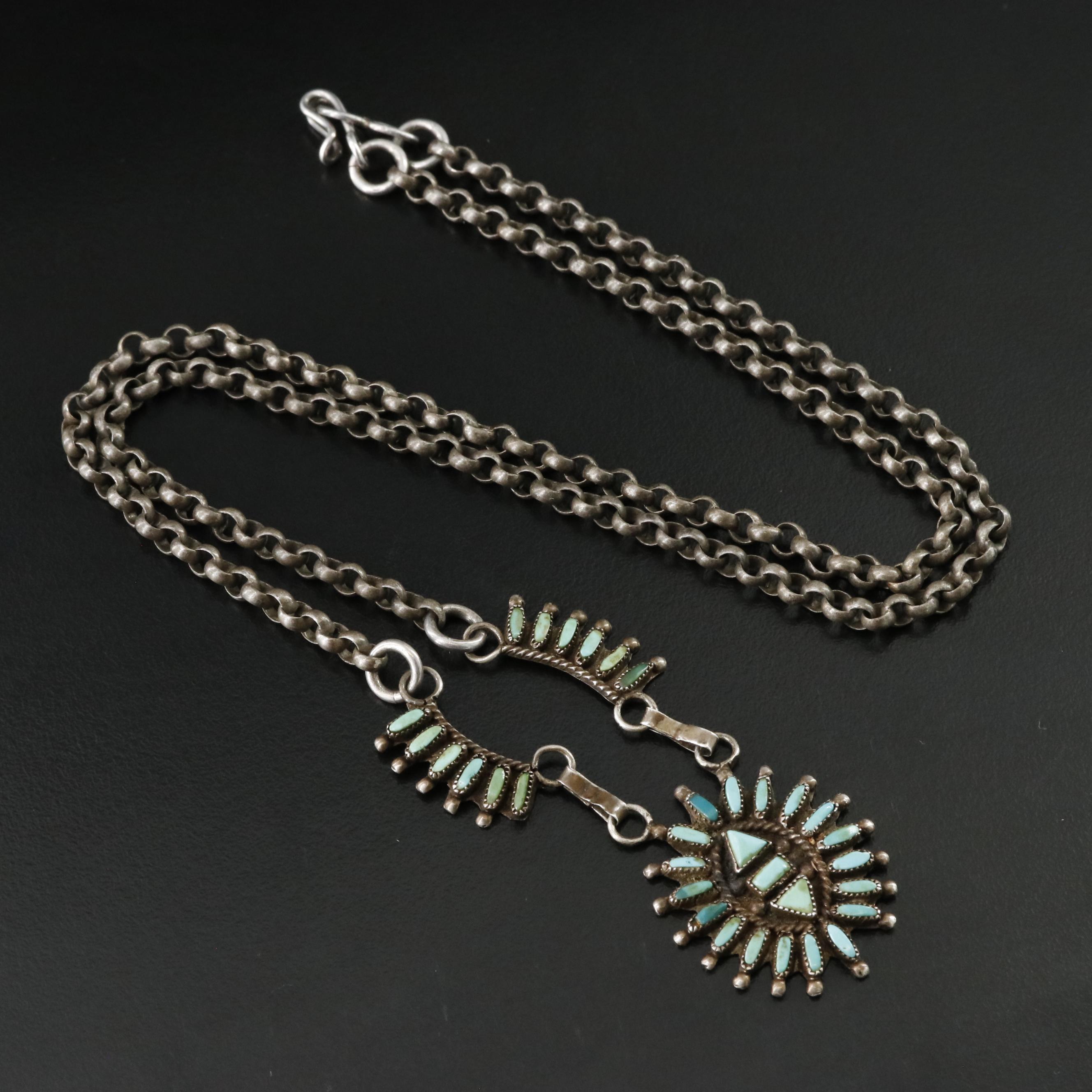 Southwestern Signed Sterling Turquoise Needle Point Necklace