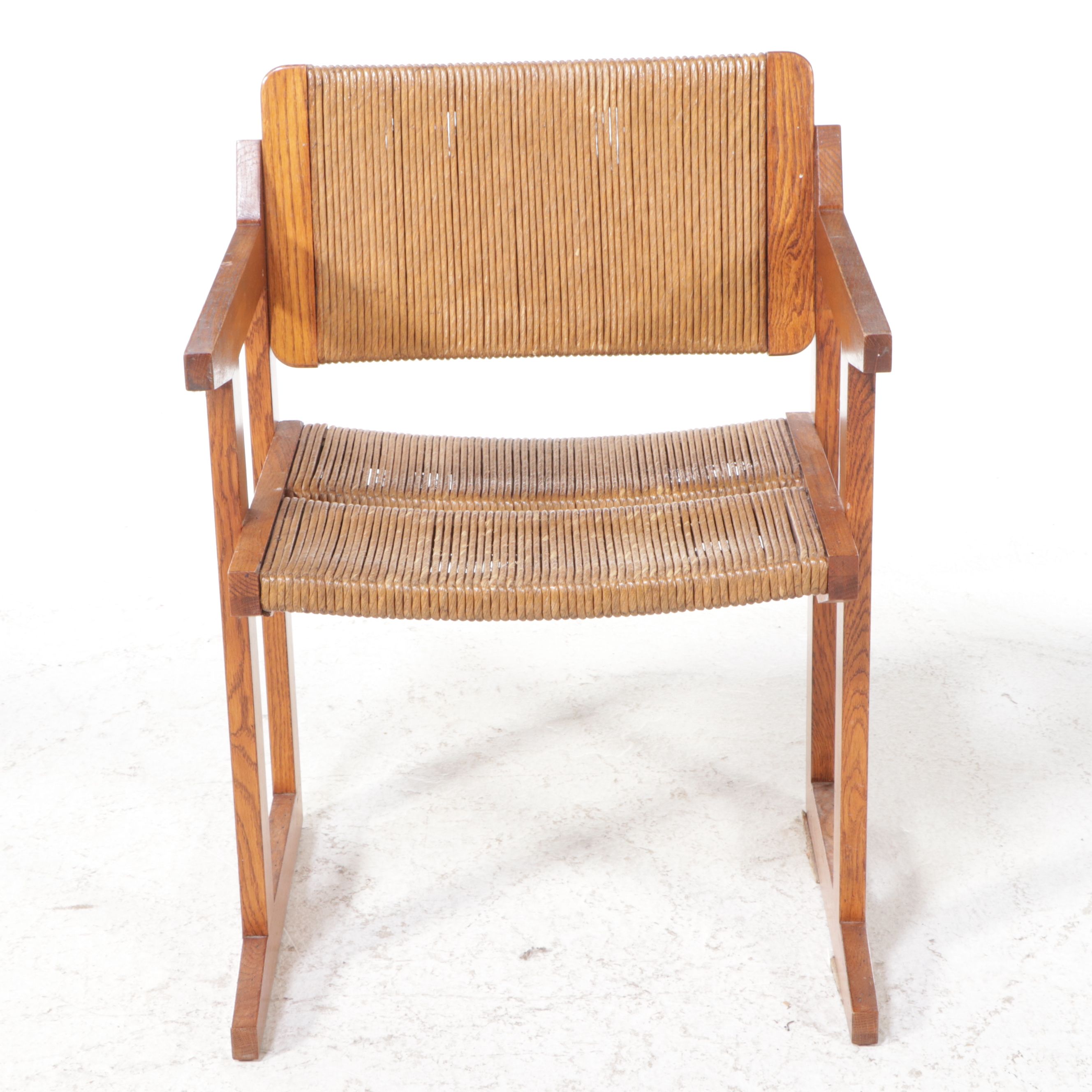 Set of Four Danish Modern Rush and Oak Armchairs, Mid-20th Century