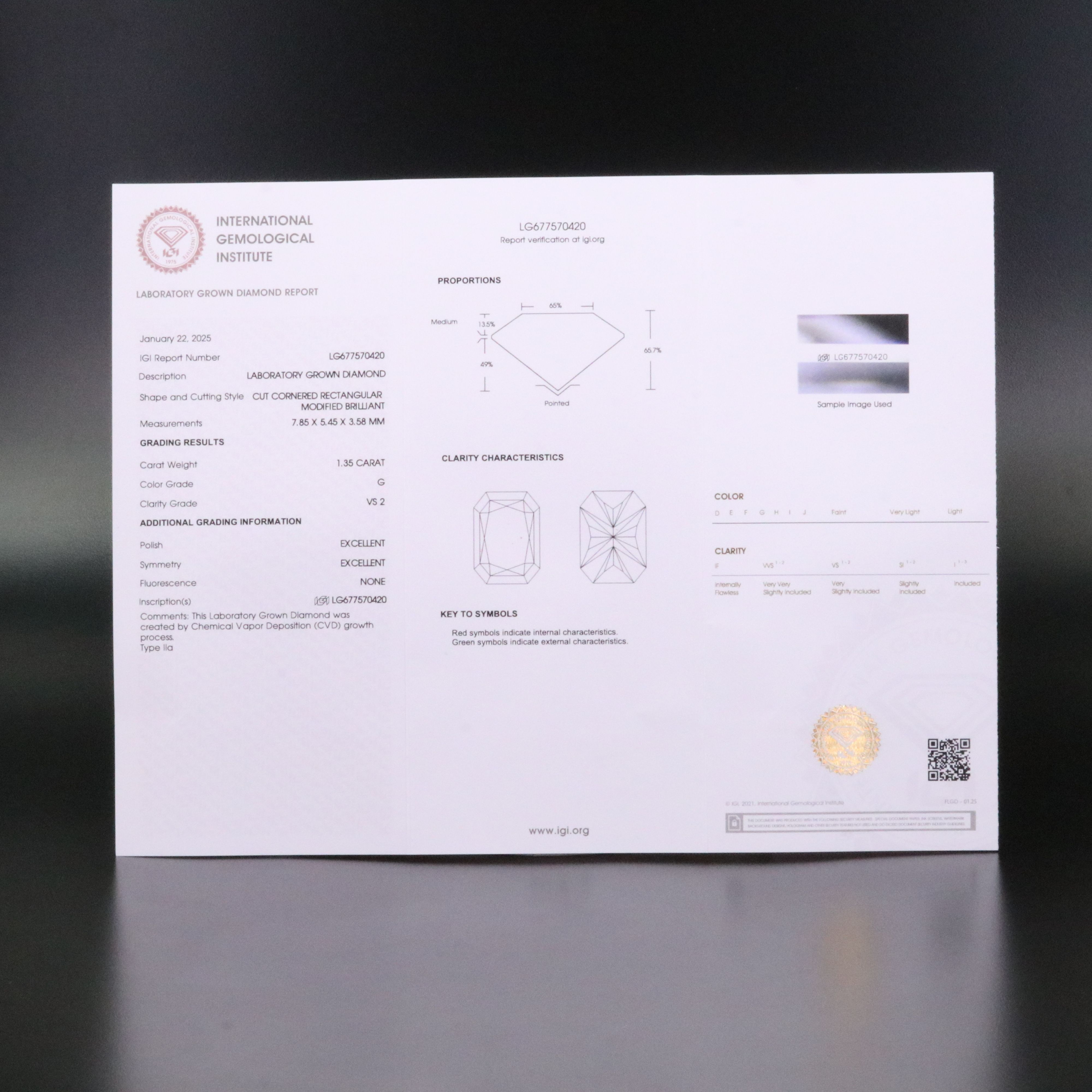 Loose 1.35 CT Lab Grown Diamond with IGI Report