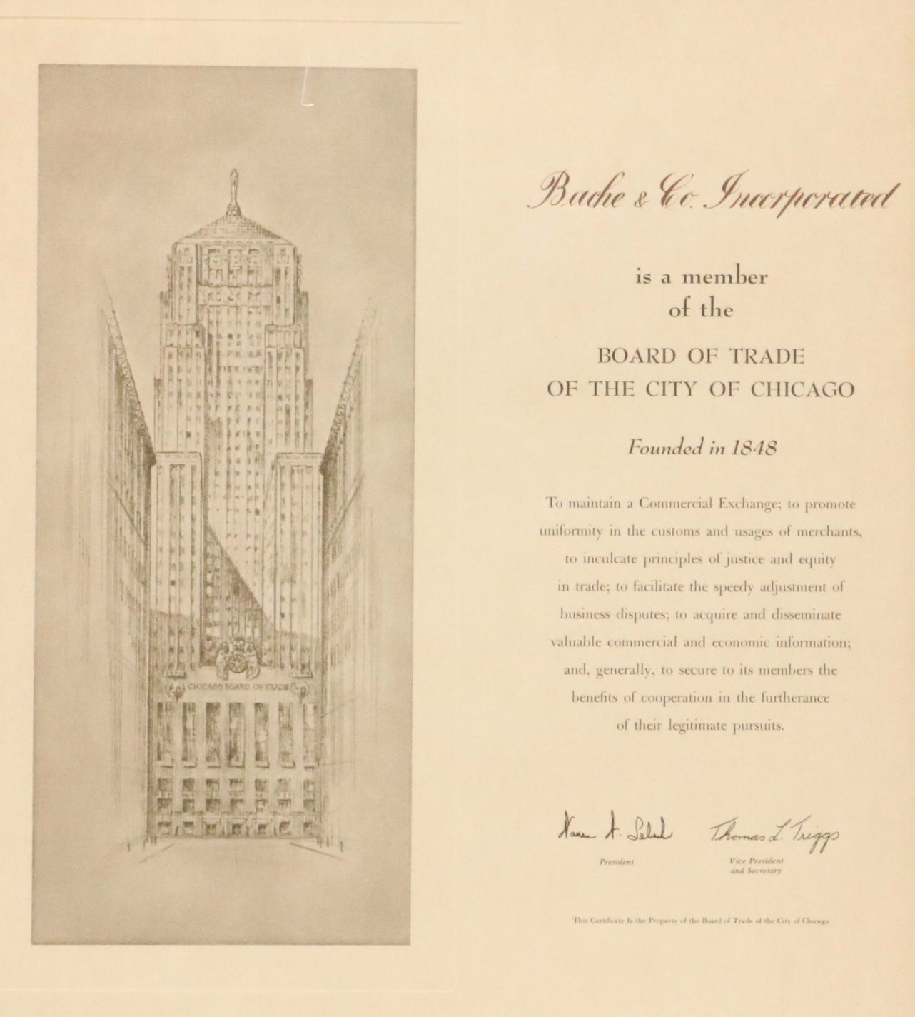 Board of Trade of the City of Chicago Halftone Certificate for Bache & Co.