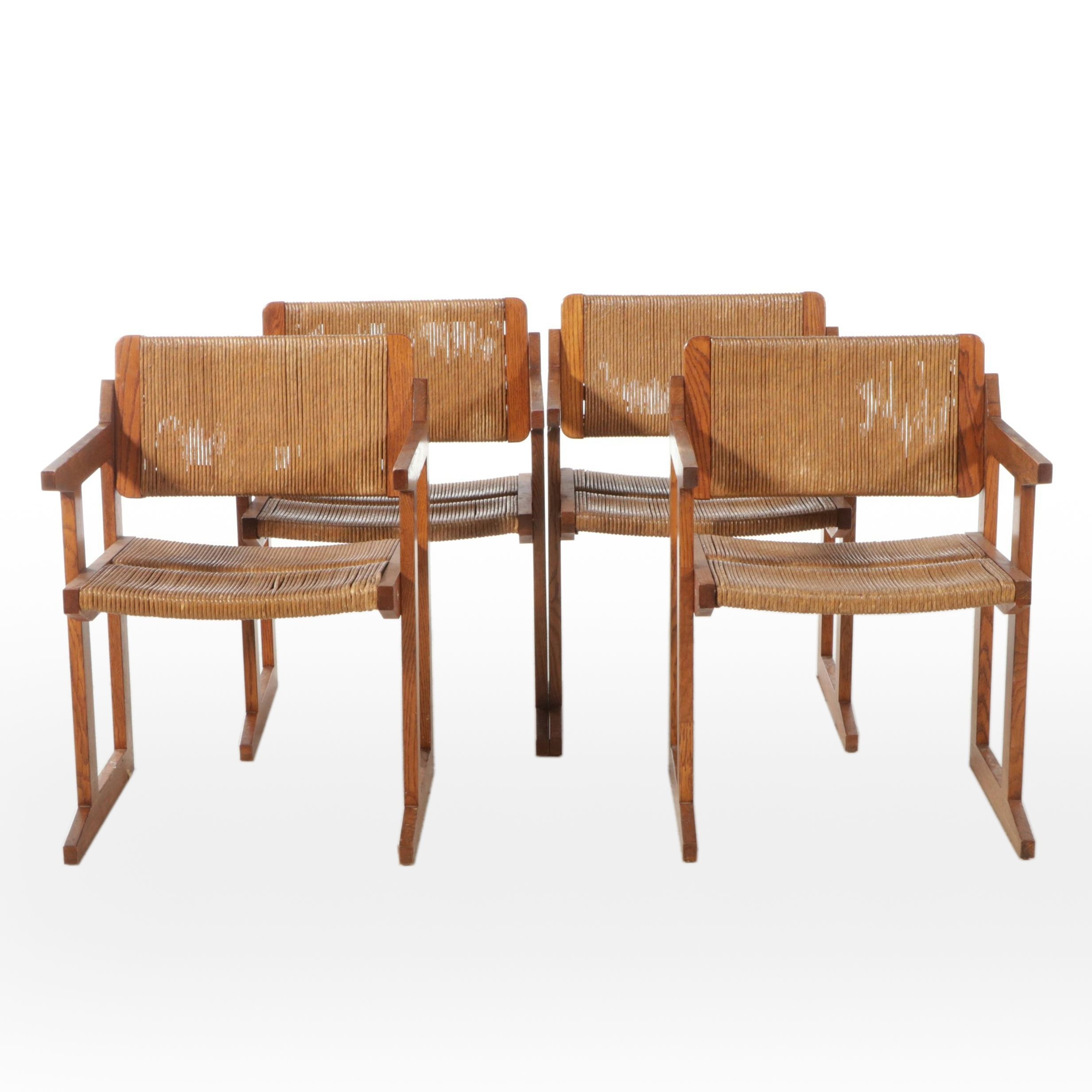 Set of Four Danish Modern Rush and Oak Armchairs, Mid-20th Century