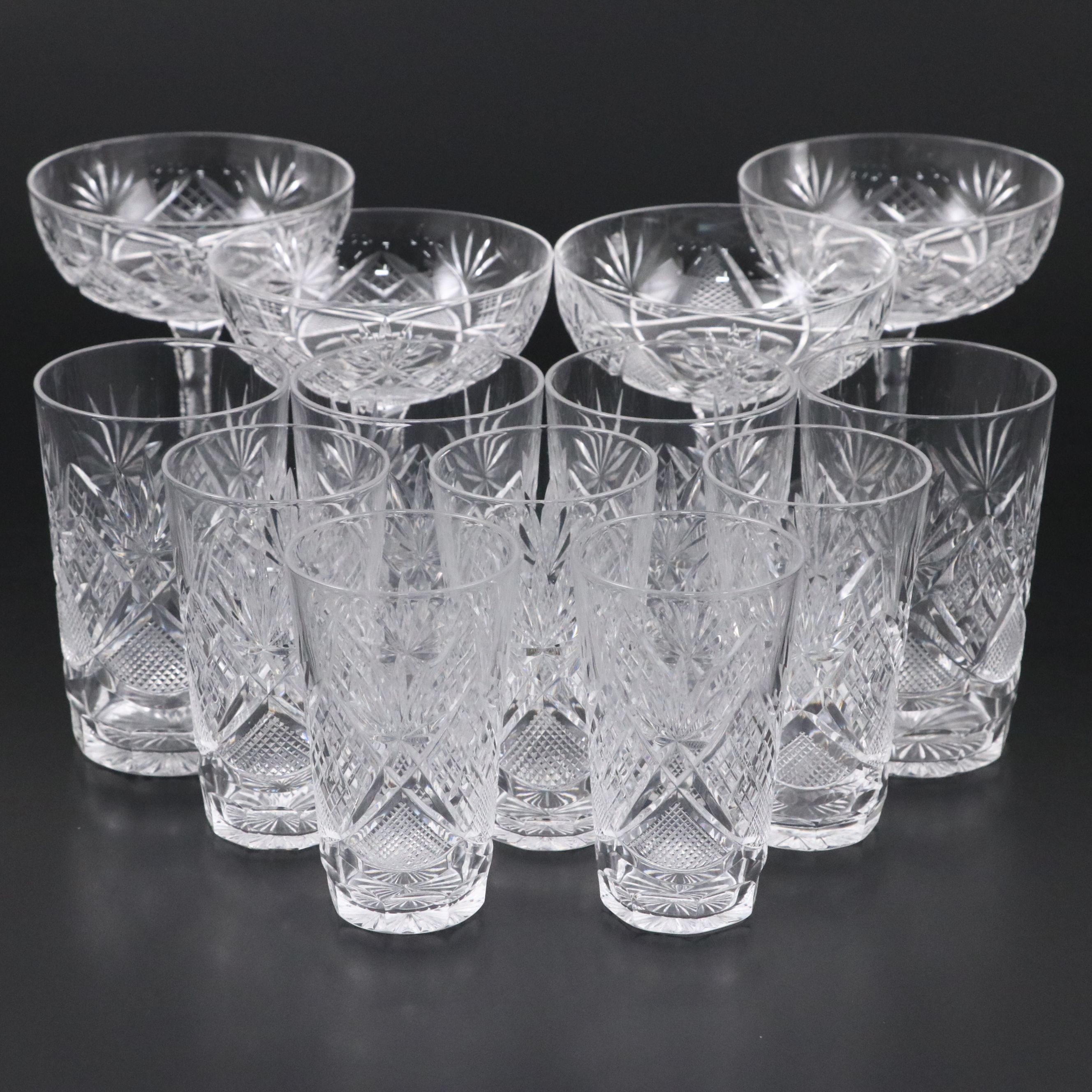 American Brilliant Cut  Crystal Coupes, Tumblers, and Shot Glasses