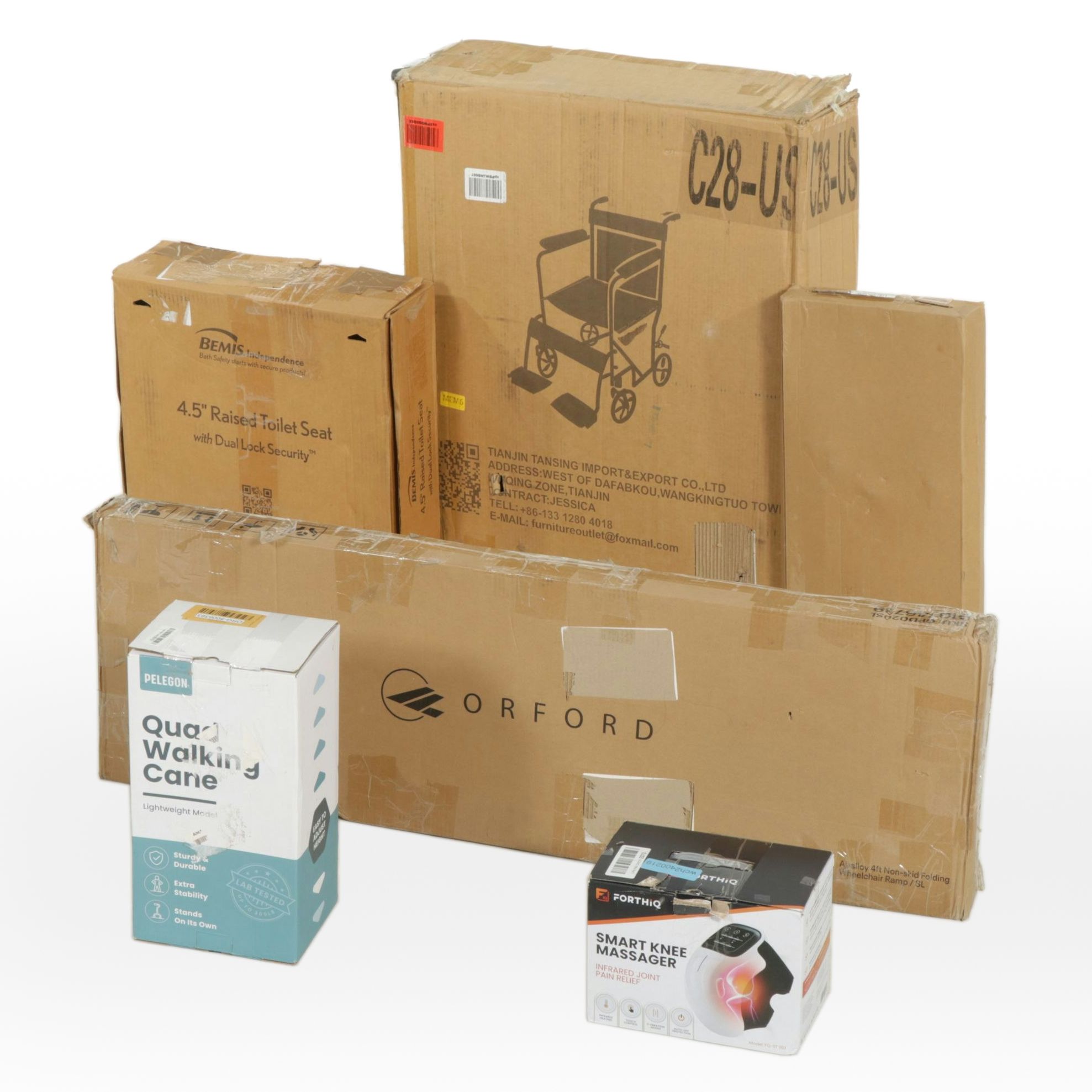 Wheelchair and Ramp, 4.5" Raised Toilet Seat, Quad Walking Cane, and More