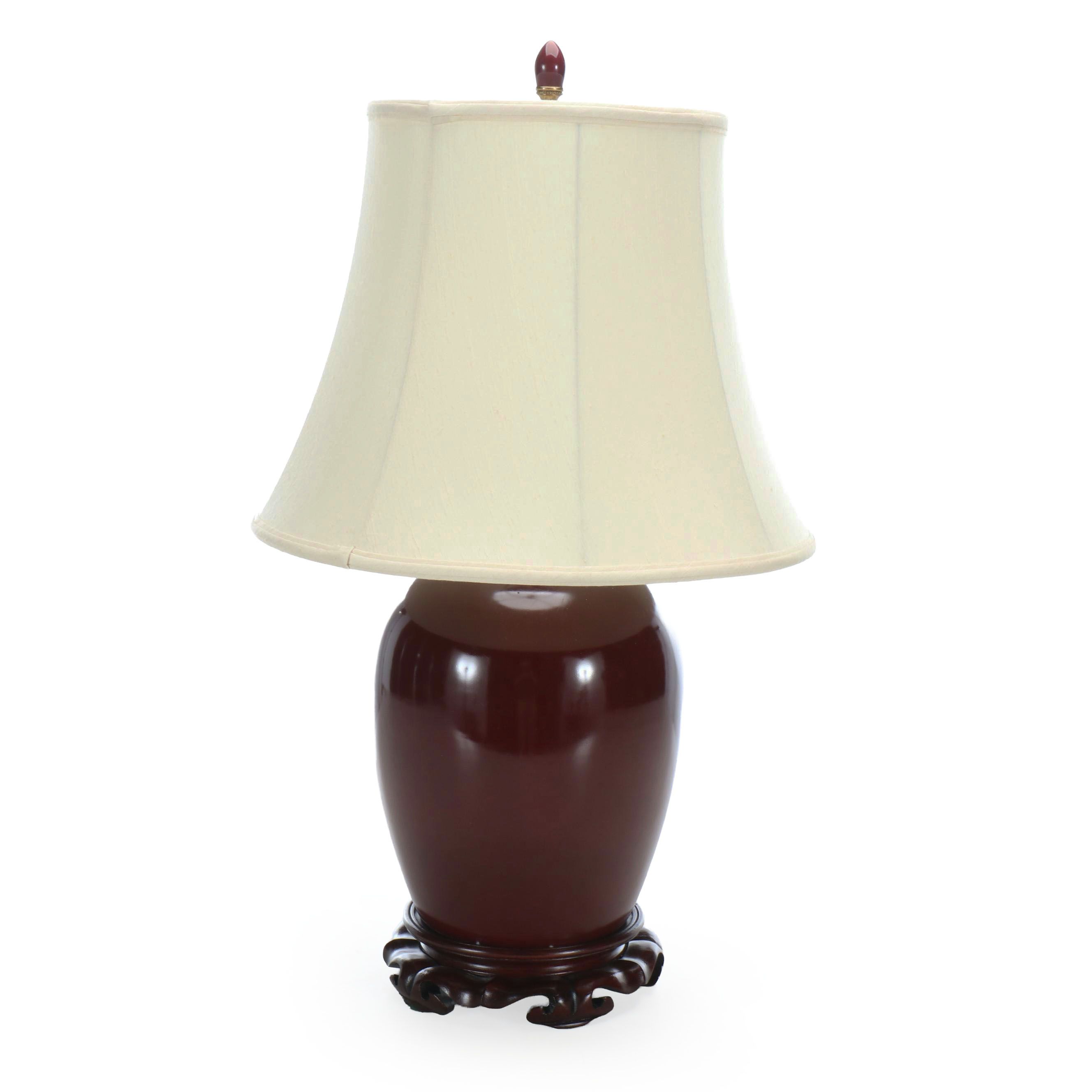 Chinese Sang de Boeuf Porcelain Lamp with Silk Paneled Bell Shade